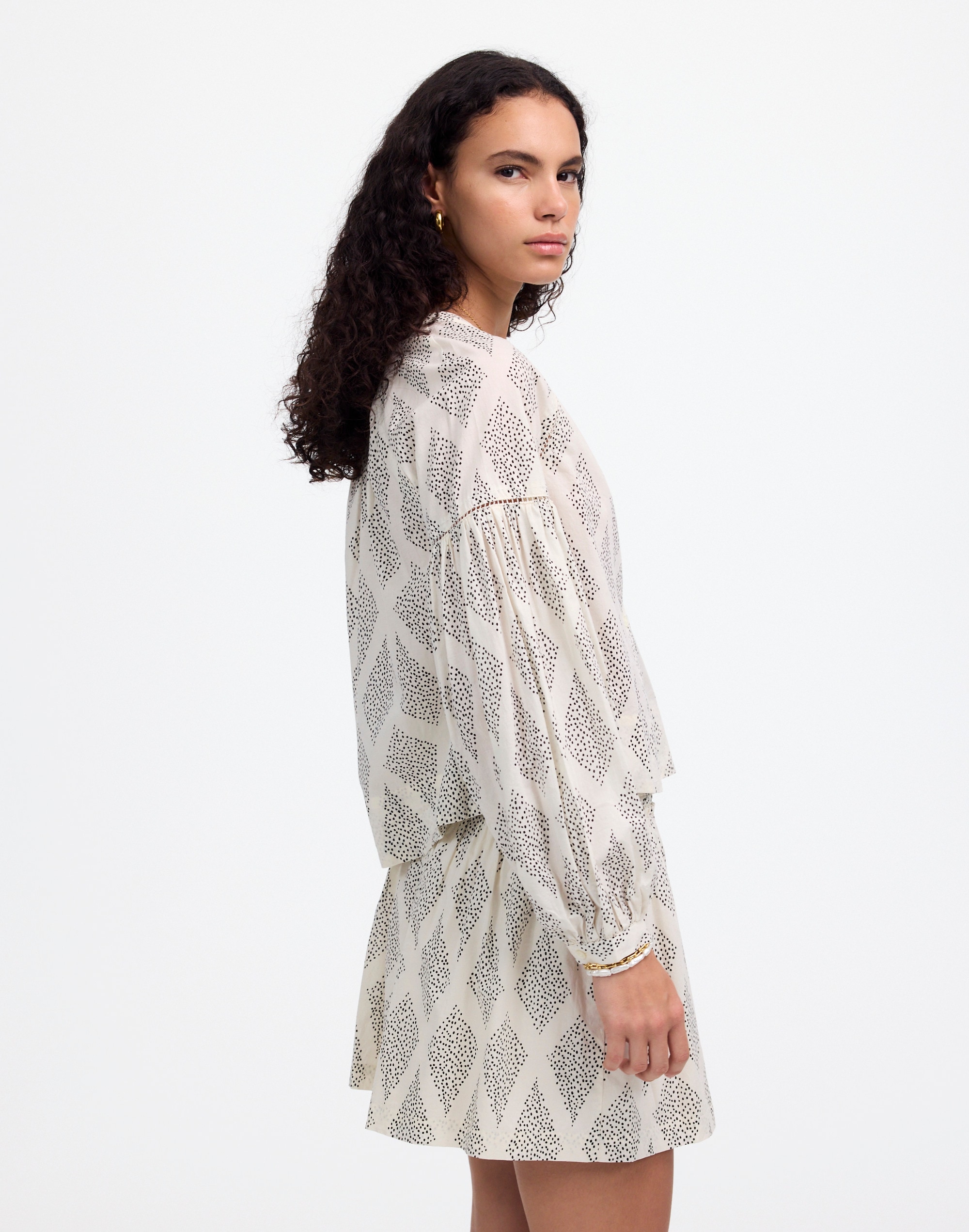 Shirred Balloon-Sleeve Top in Geometric Print