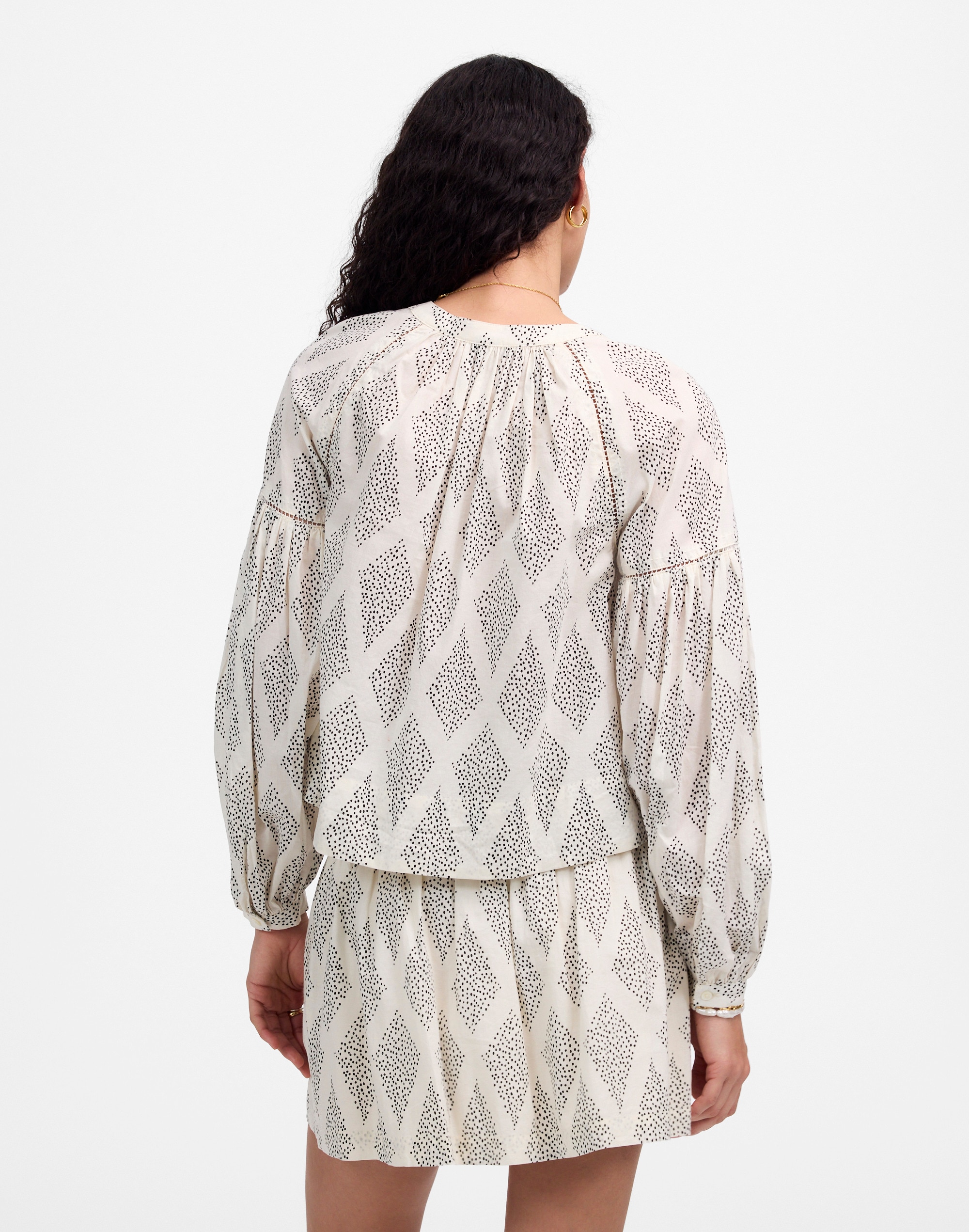 Shirred Balloon-Sleeve Top in Geometric Print