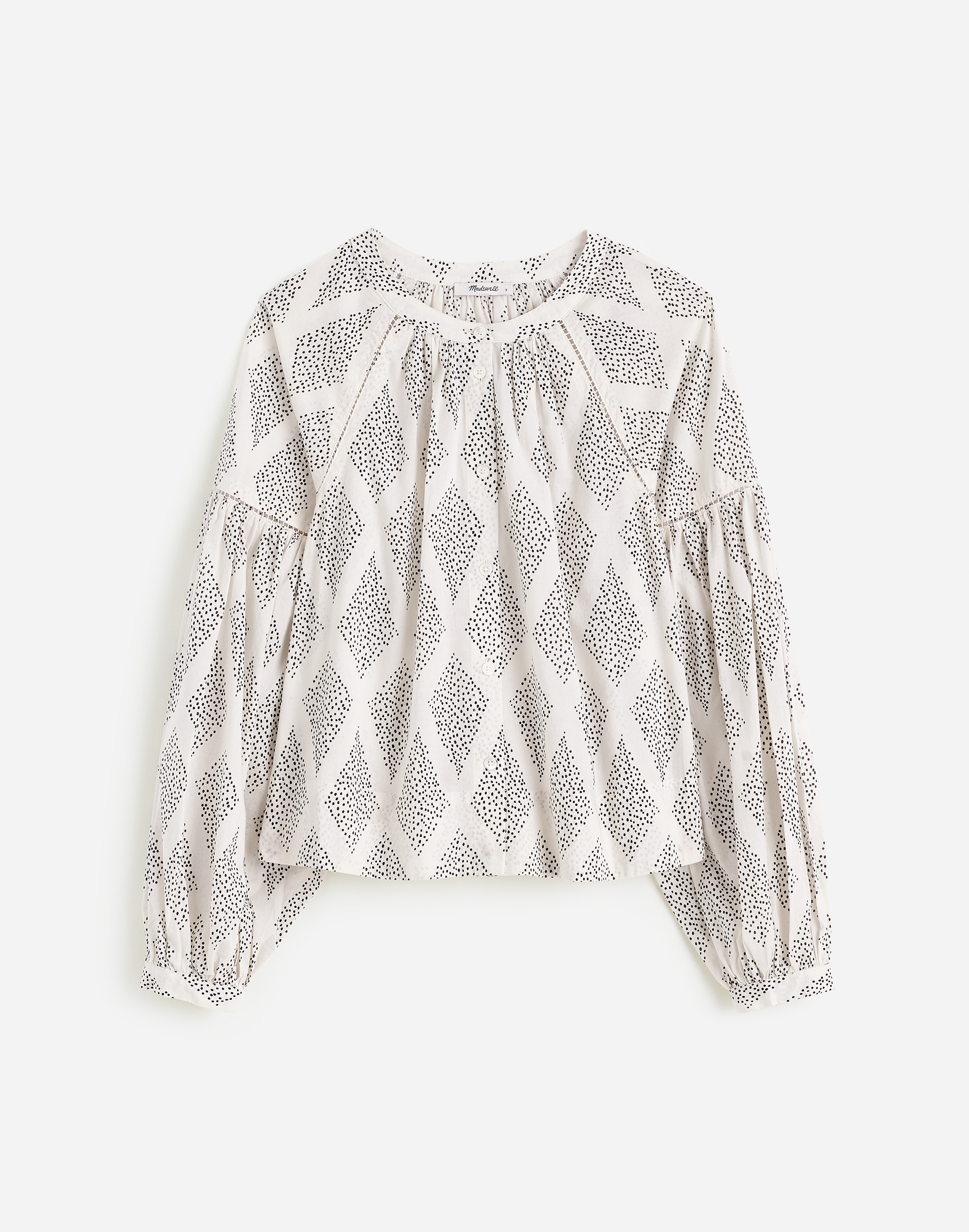 Shirred Balloon-Sleeve Top in Geometric Print