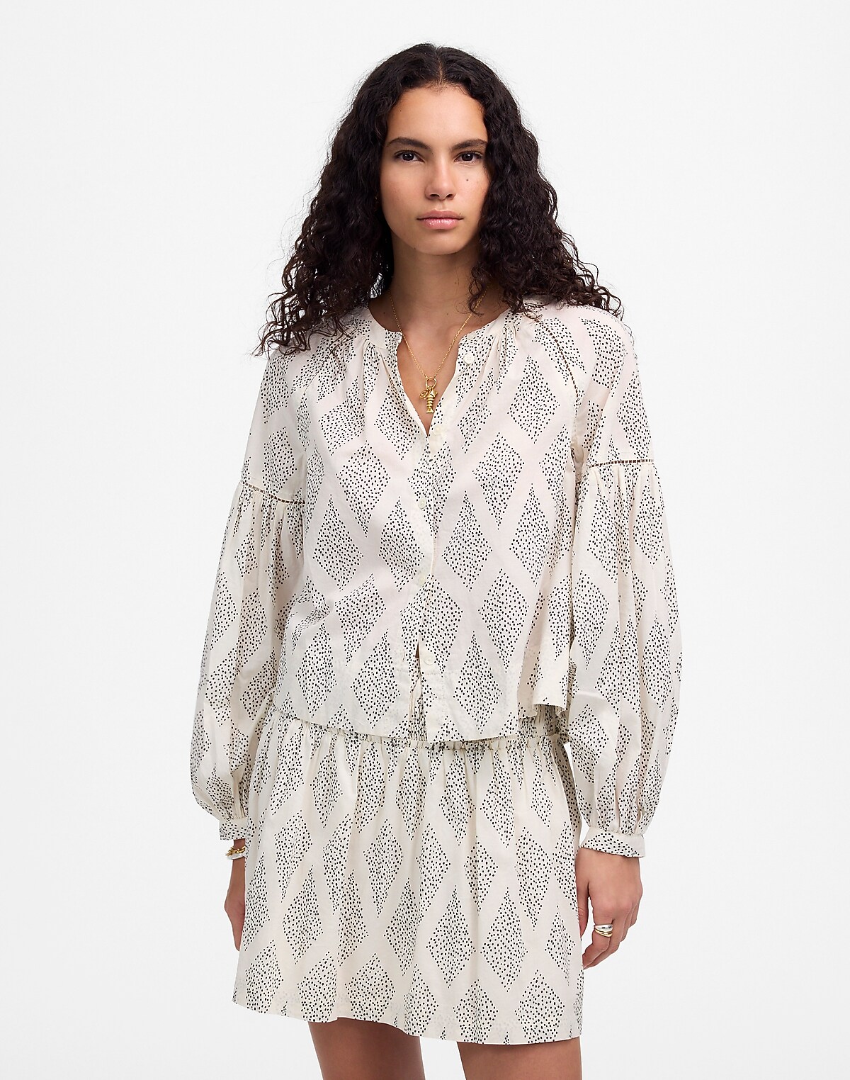 Shirred Balloon-Sleeve Top in Geometric Print