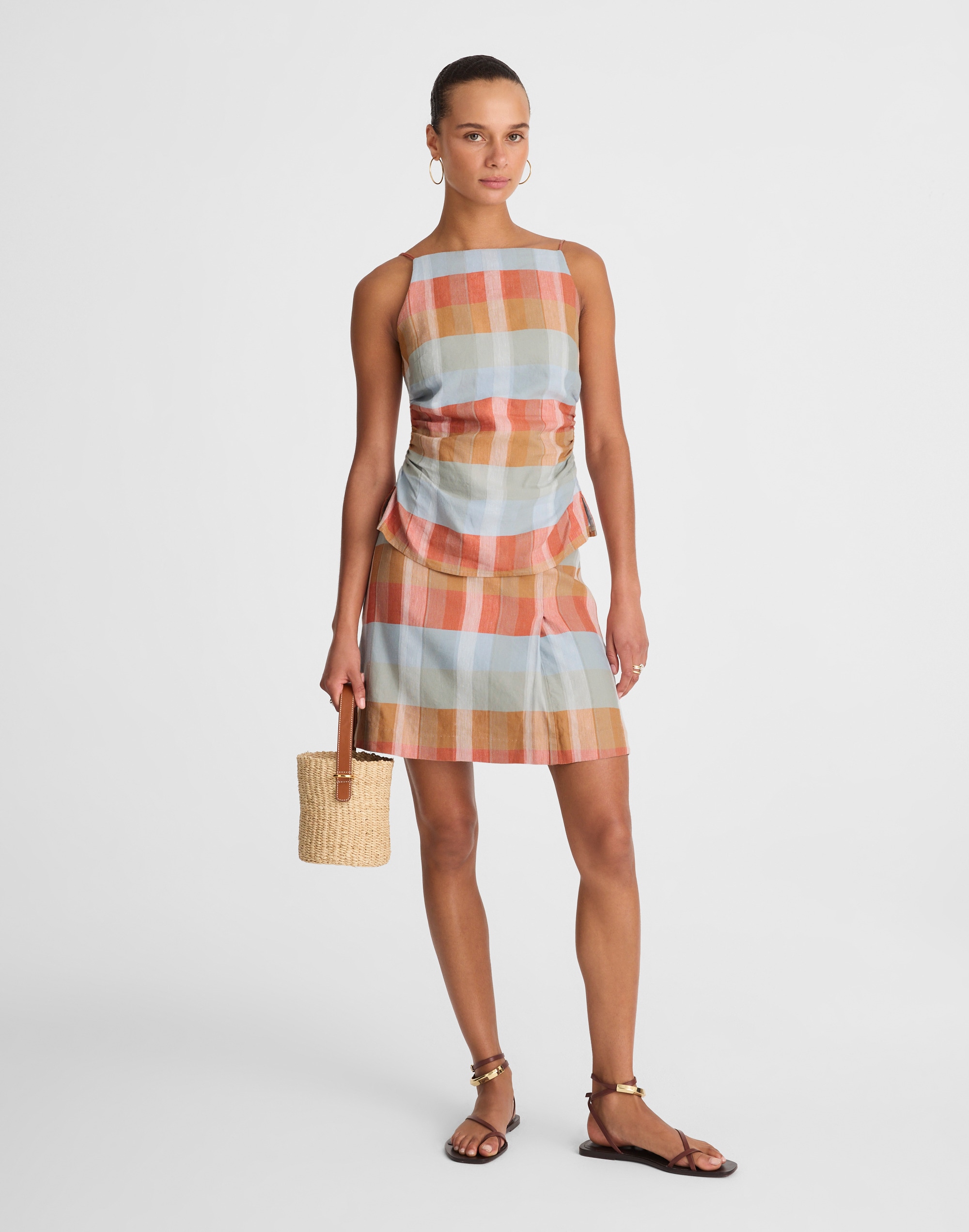 Ruched Squareneck Tank in Linen-Cotton