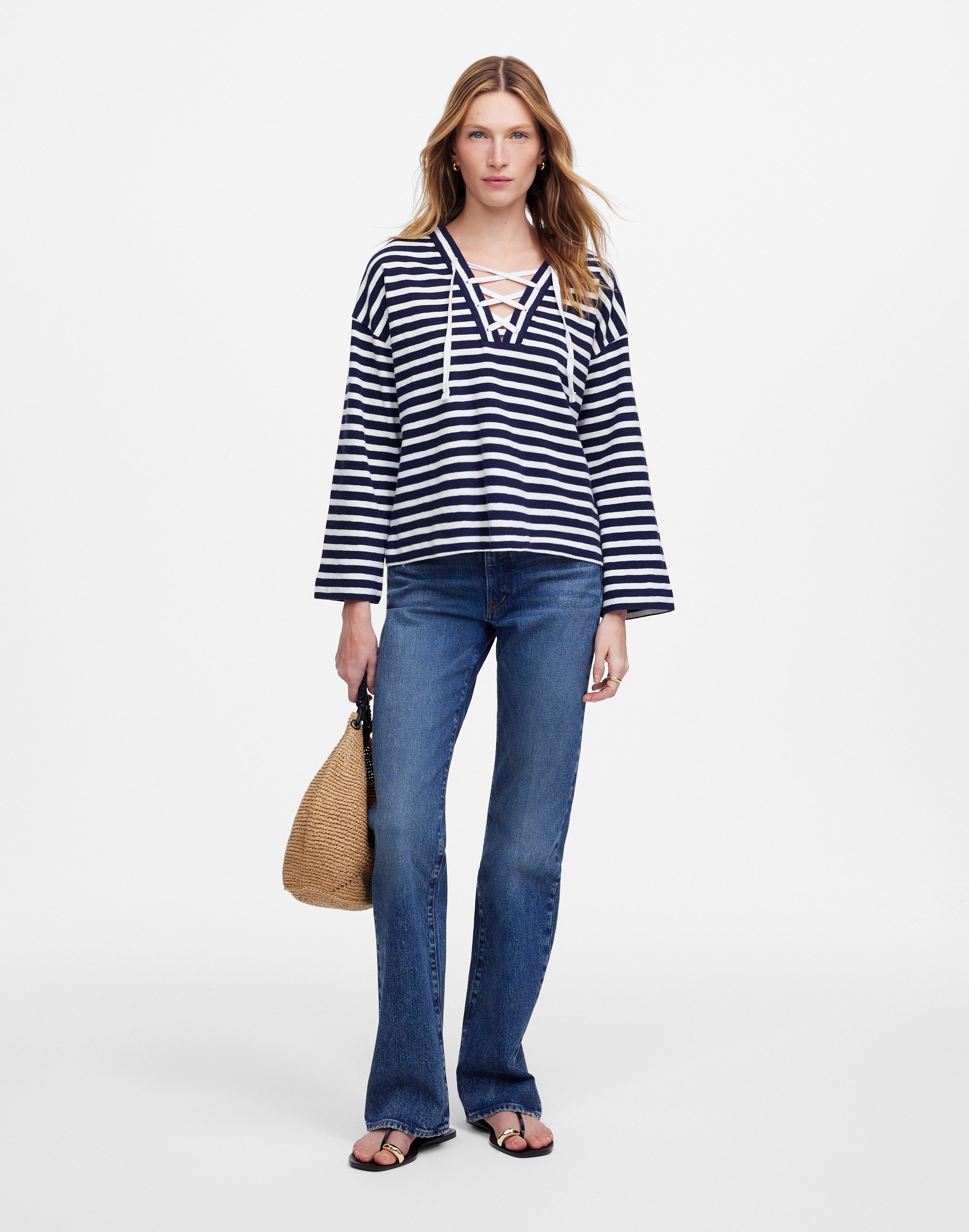 Lace-Up Long-Sleeve Tee in Stripe Alternate Image 1