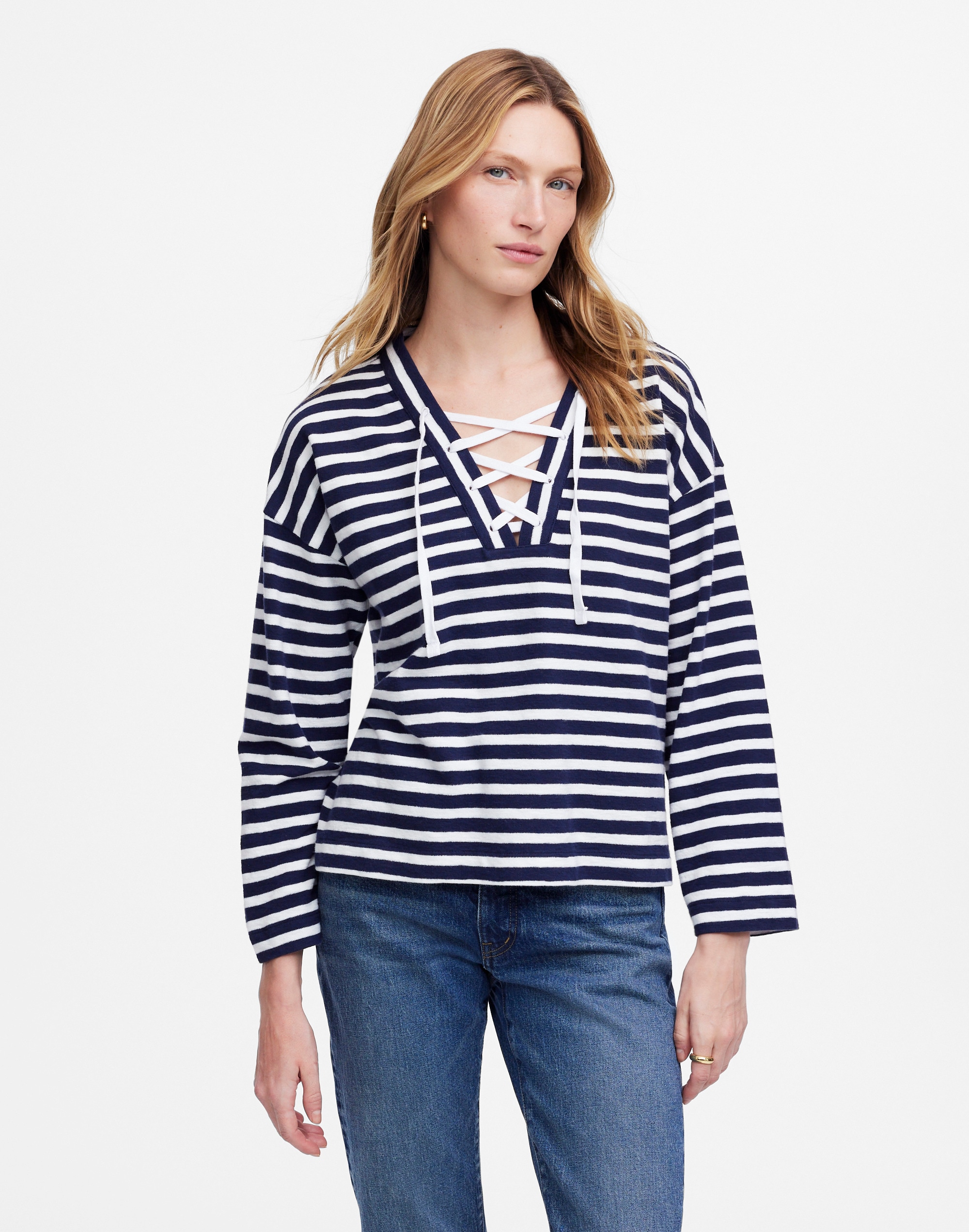 lace-up long-sleeve tee in stripe