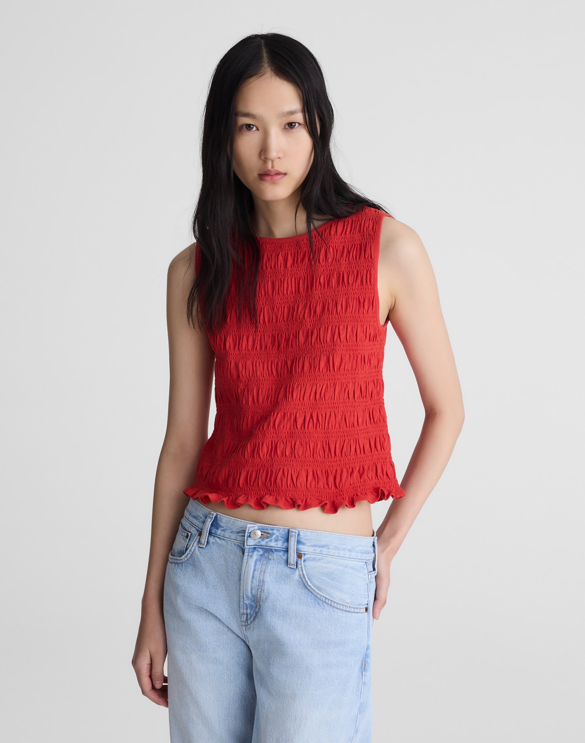 Madewell Smocked Boatneck Tank In Red