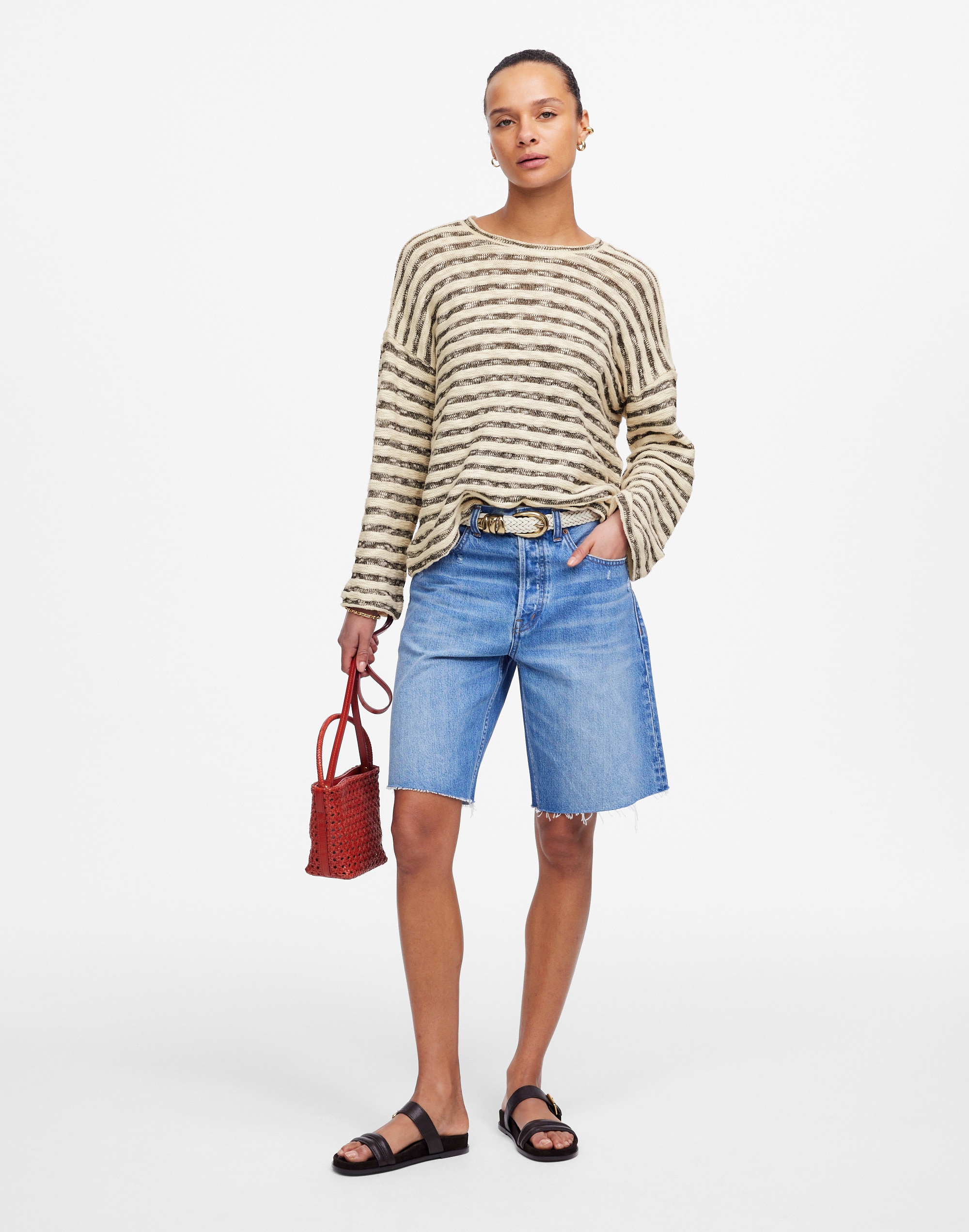 Crewneck Long-Sleeve Knit Tee in Stripe