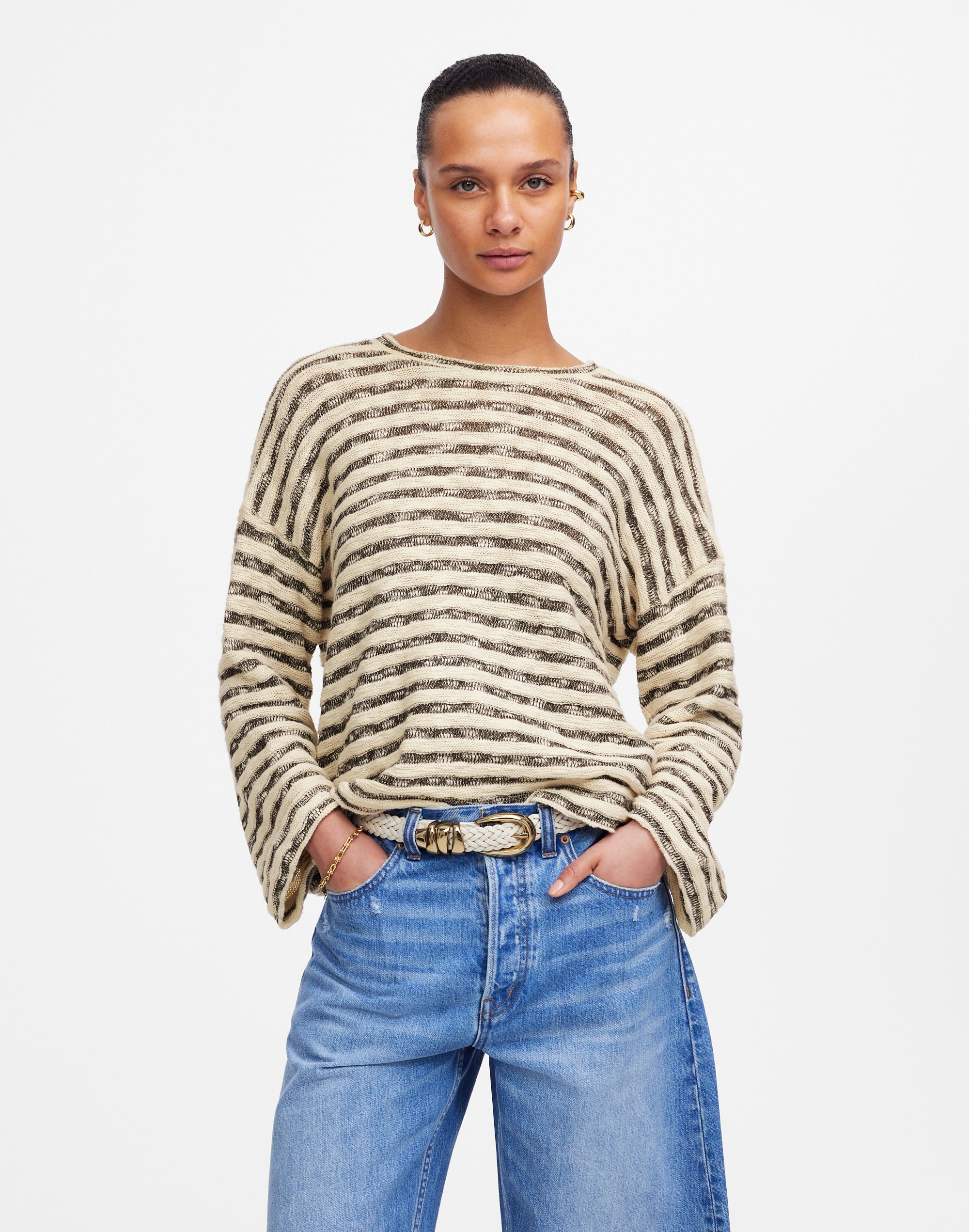 Crewneck Long-Sleeve Knit Tee in Stripe