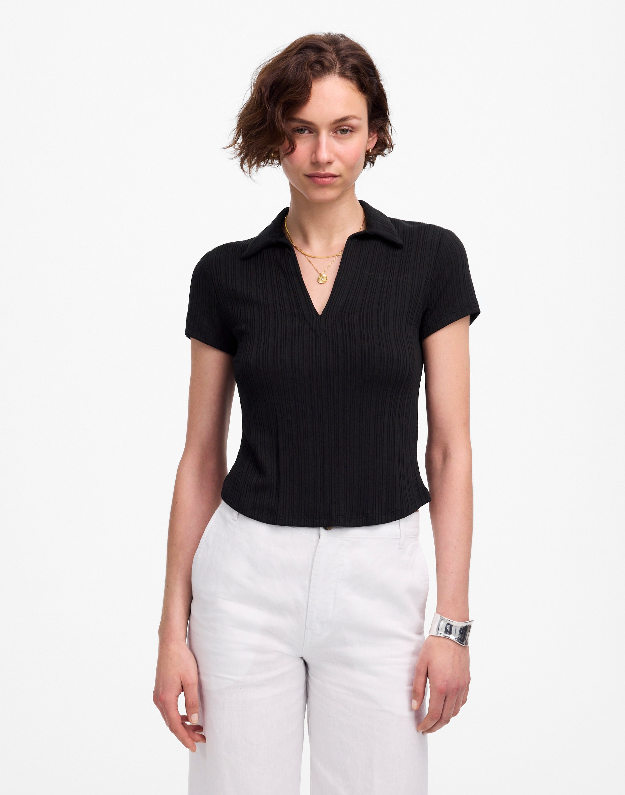 Ribbed V-Neck Polo Tee