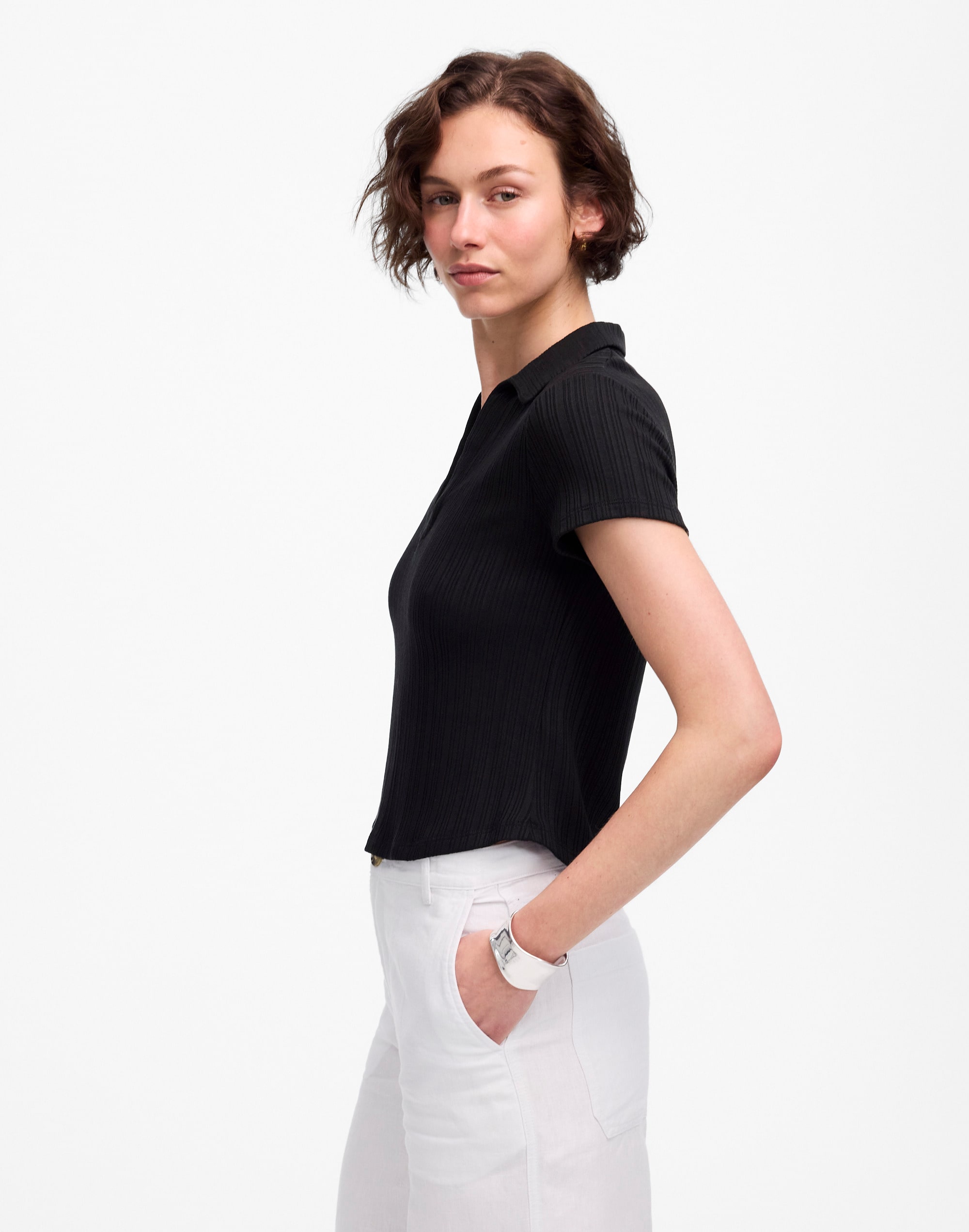 Ribbed V-Neck Polo Tee