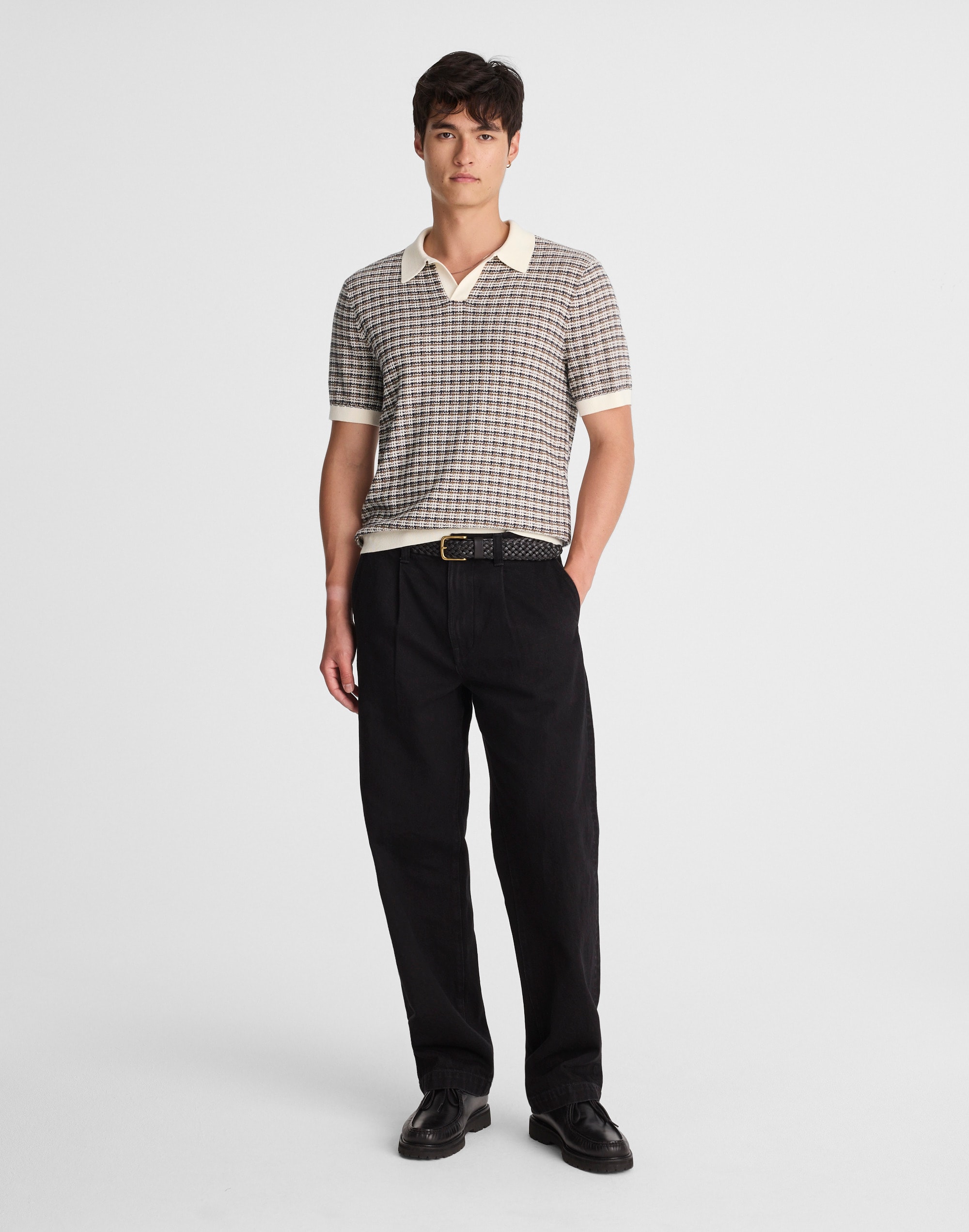 Plaid Johnny-Collar Sweater Polo