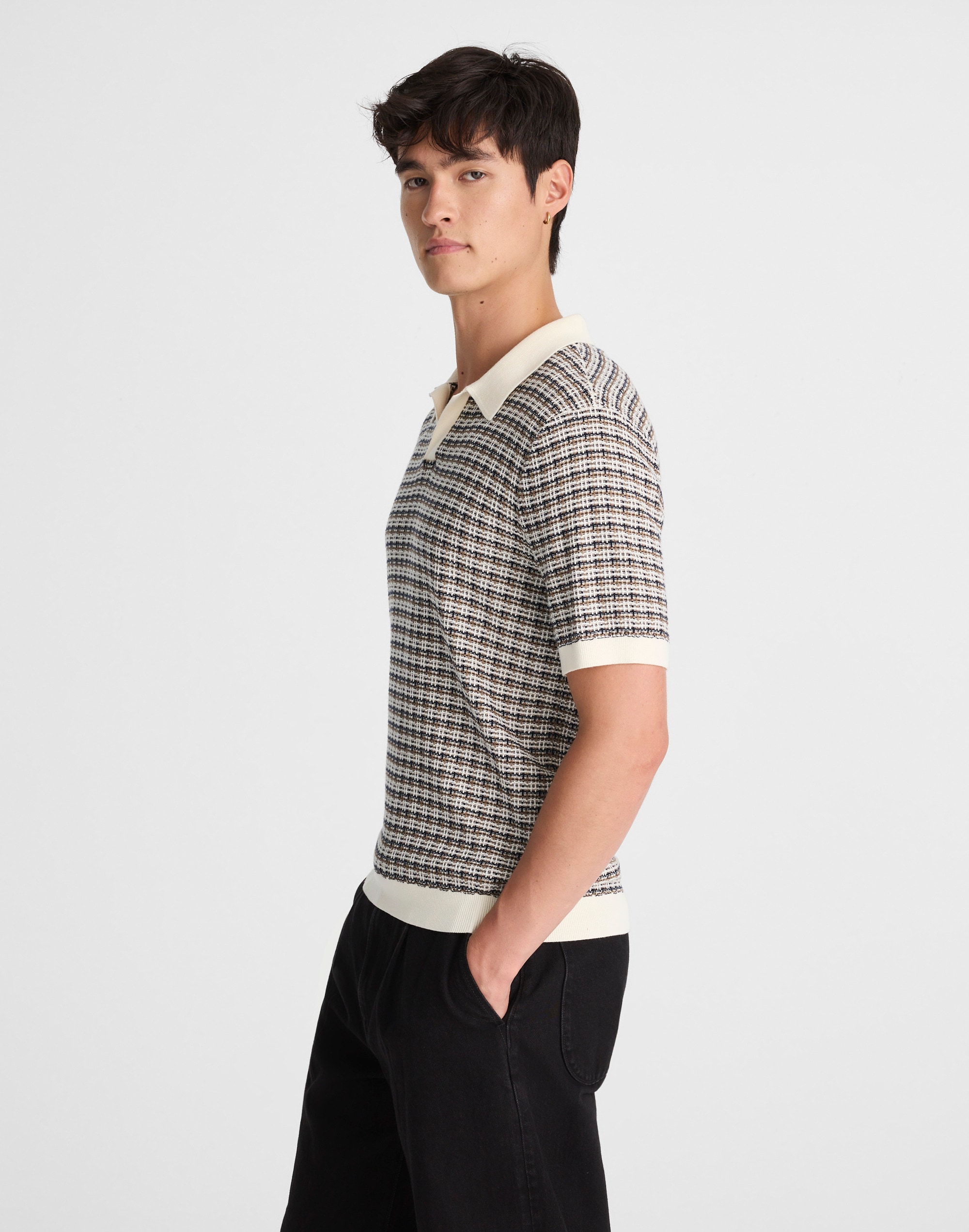 Plaid Johnny-Collar Sweater Polo