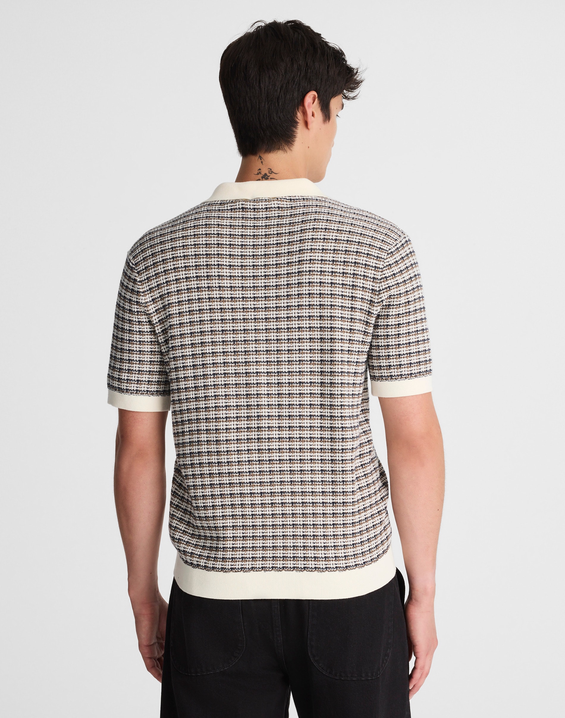 Plaid Johnny-Collar Sweater Polo