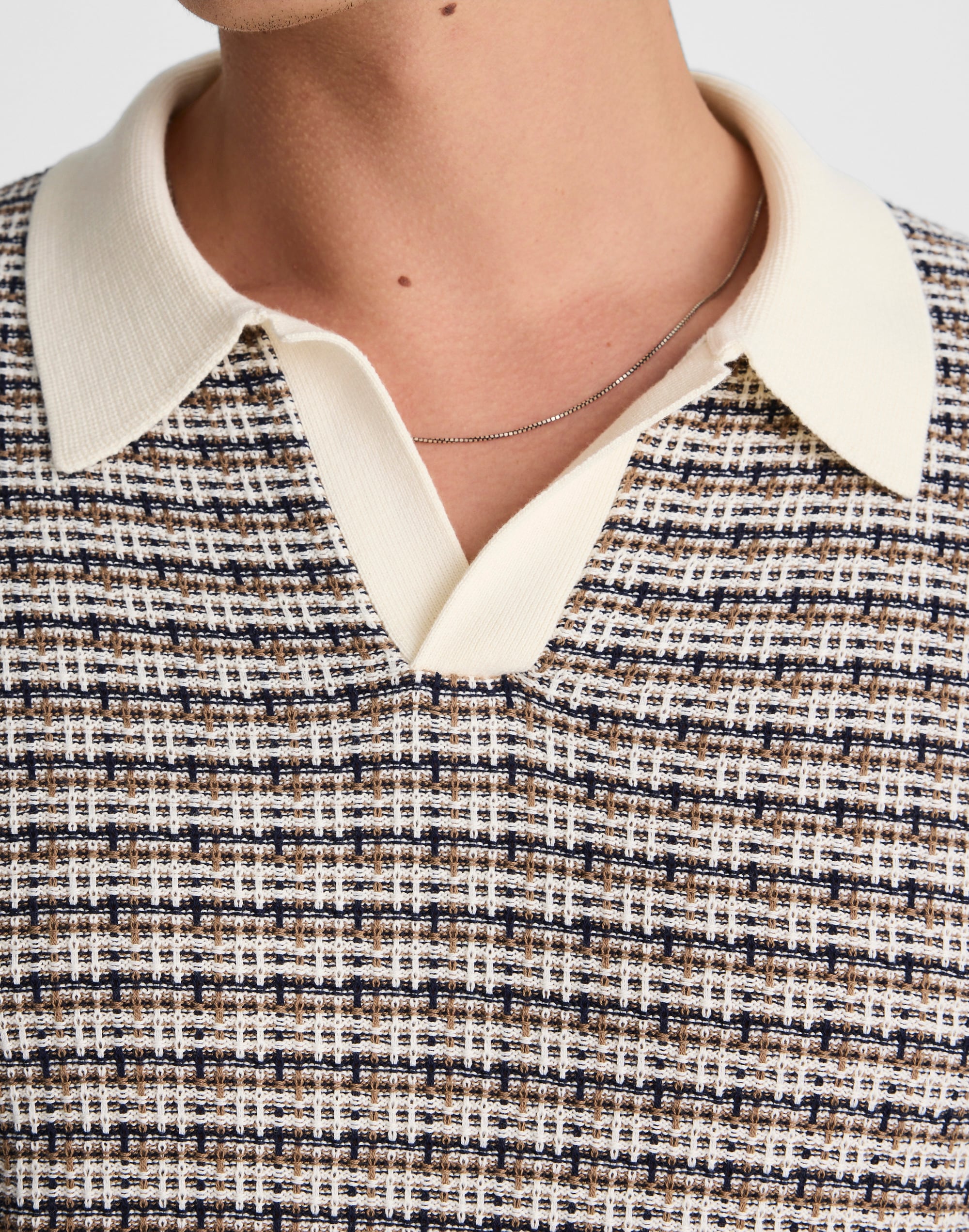 Plaid Johnny-Collar Sweater Polo