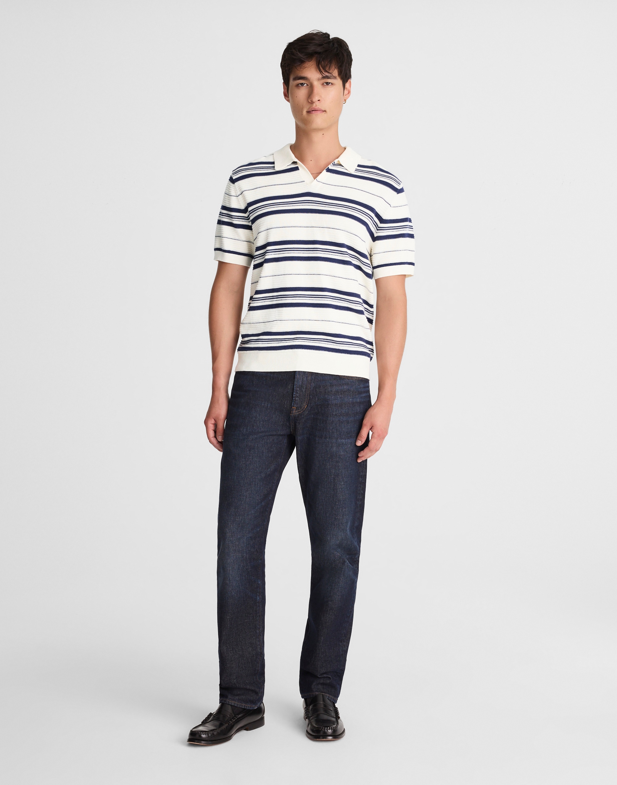 Striped Johnny-Collar Sweater Polo