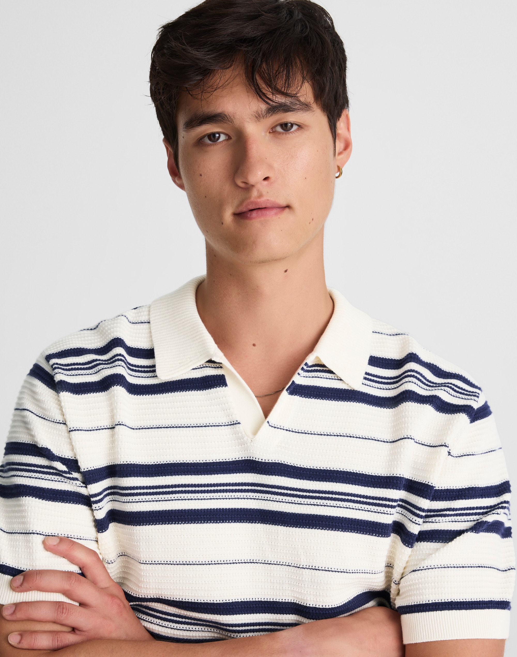 Striped Johnny-Collar Sweater Polo
