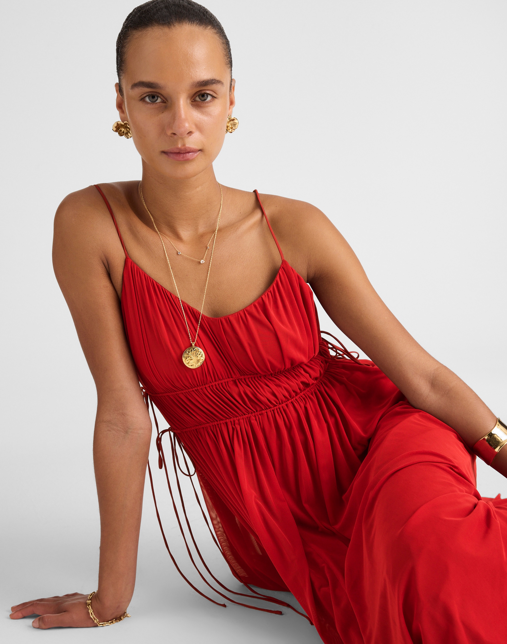 Gathered V-Neck Midi Dress