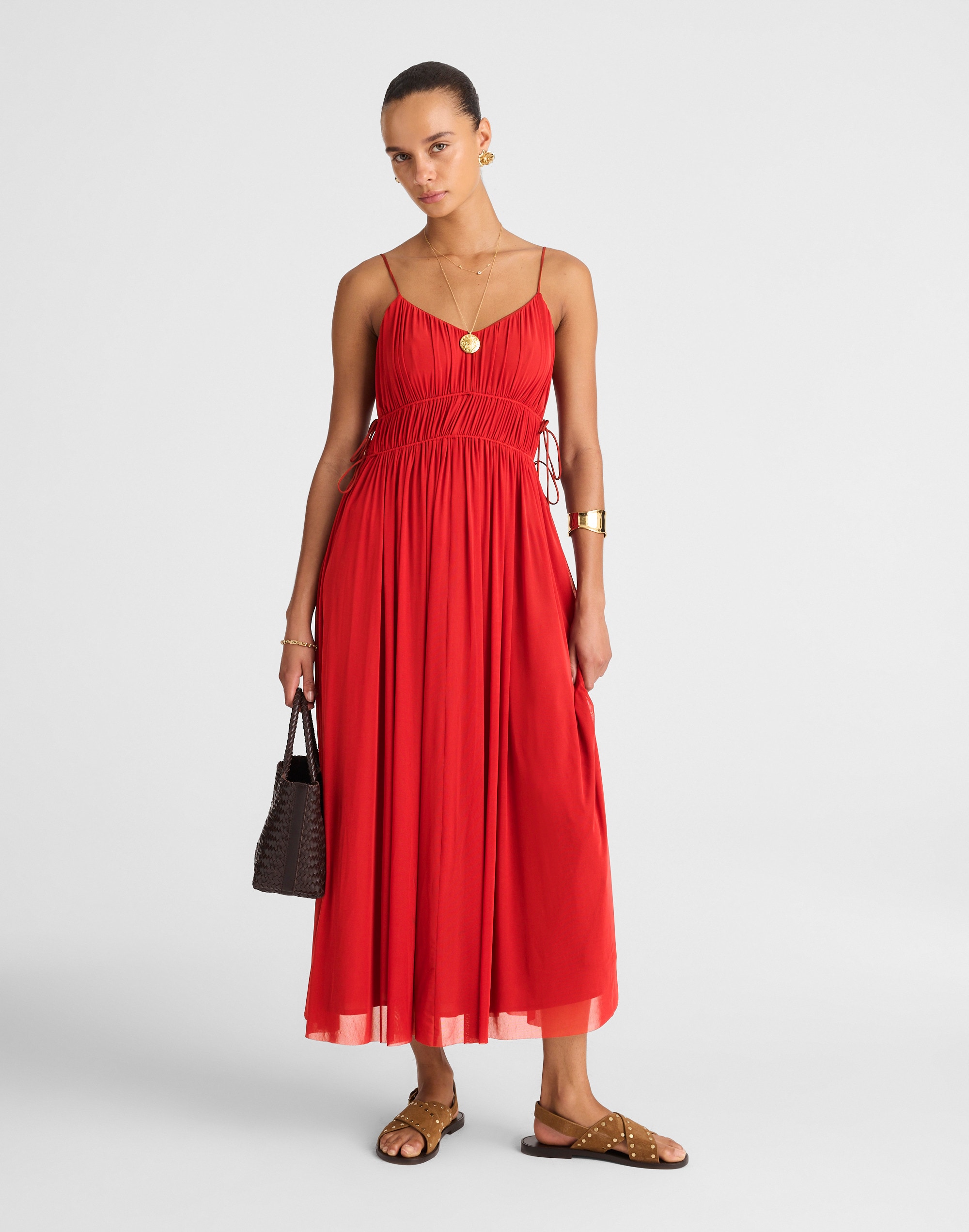 Gathered V-Neck Midi Dress