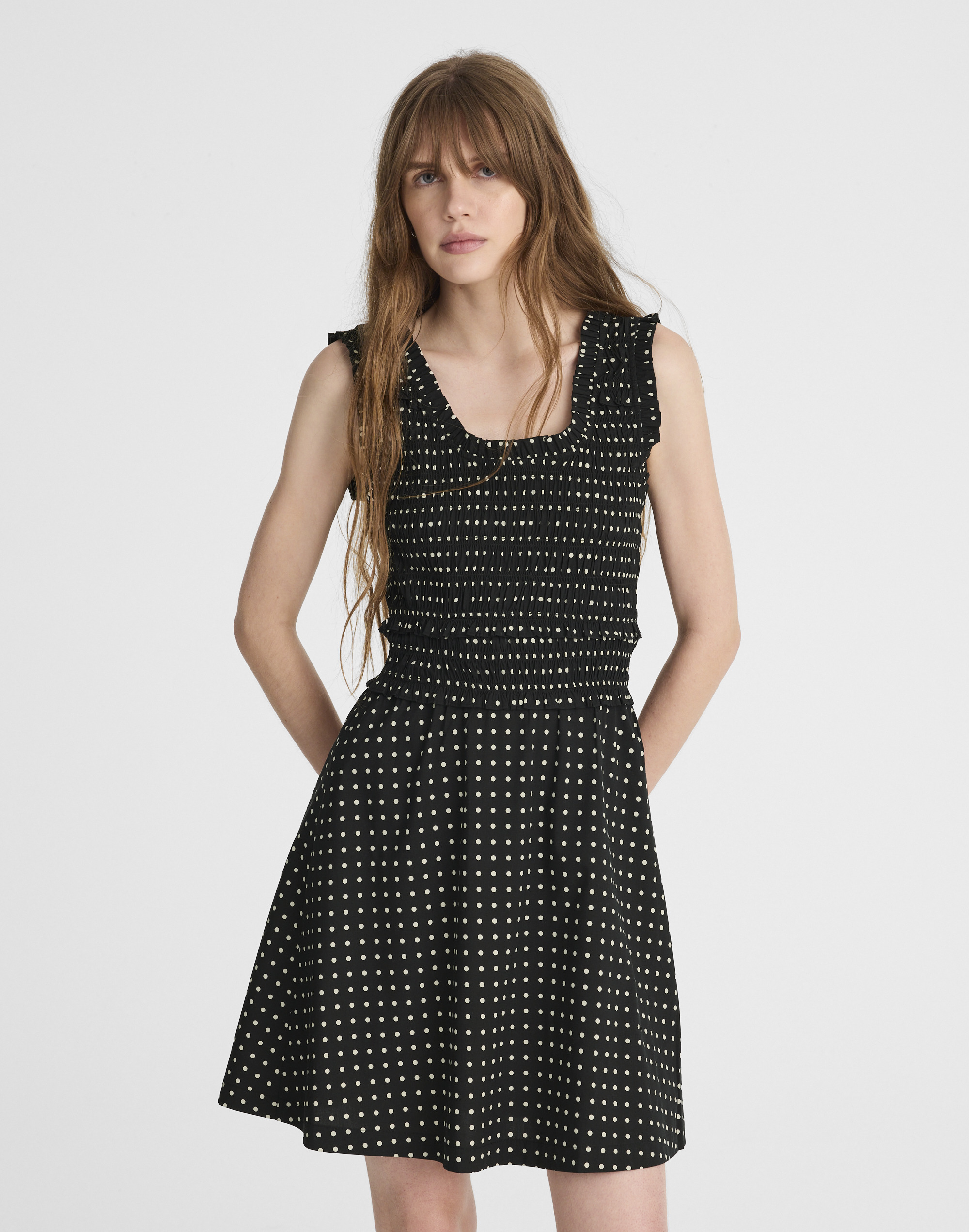 ruffled scoopneck mini dress in dot