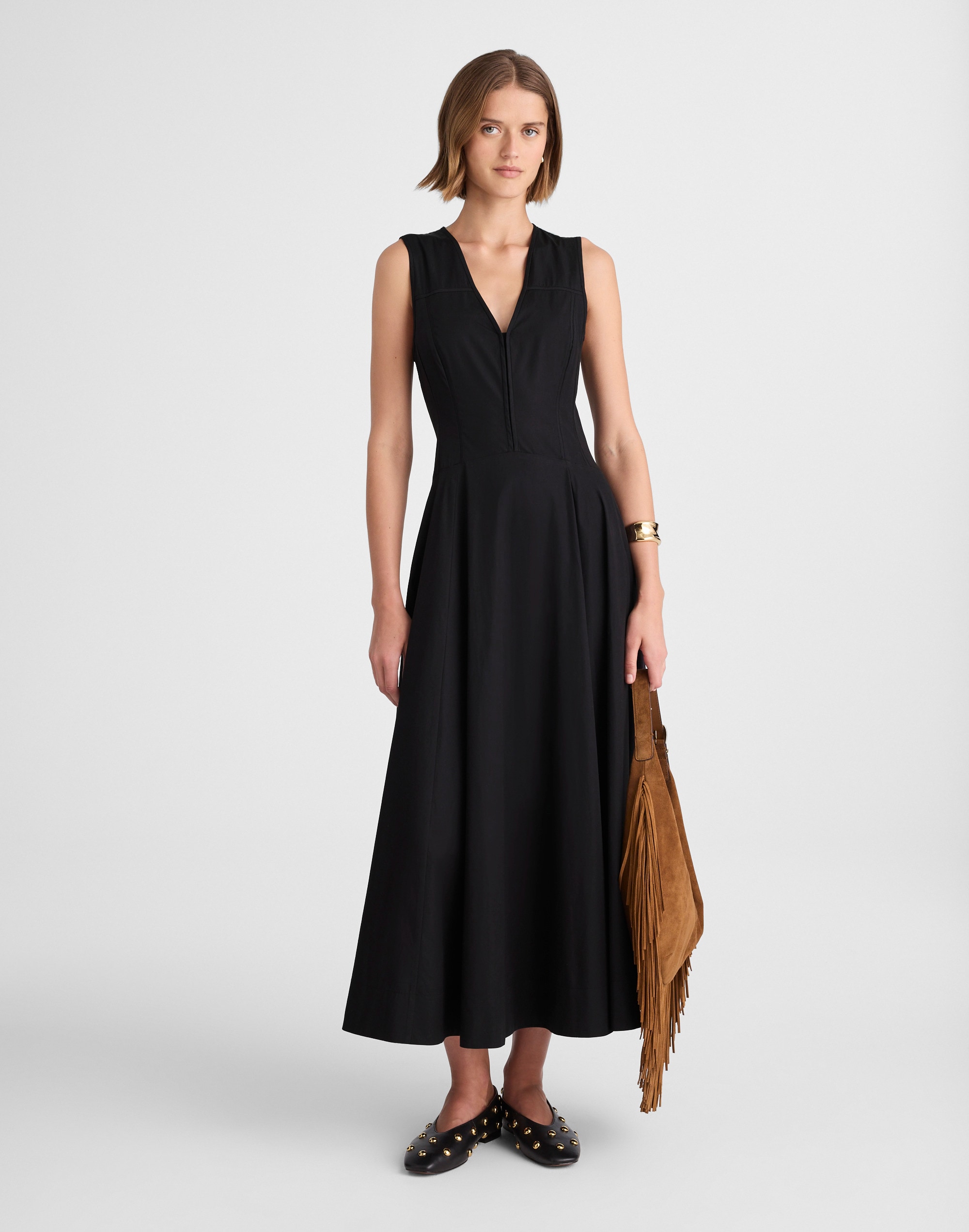 Poplin V-Neck Circle Midi Dress