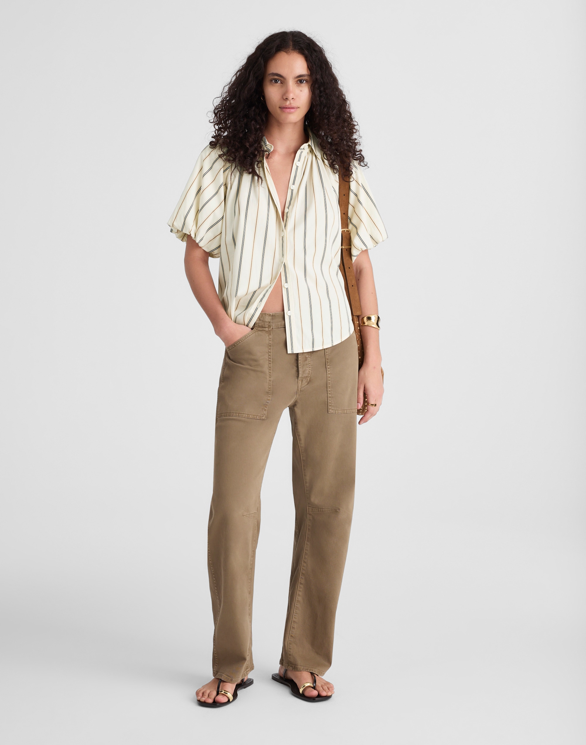 Shirred Bubble-Sleeve Button-Up Shirt in Poplin