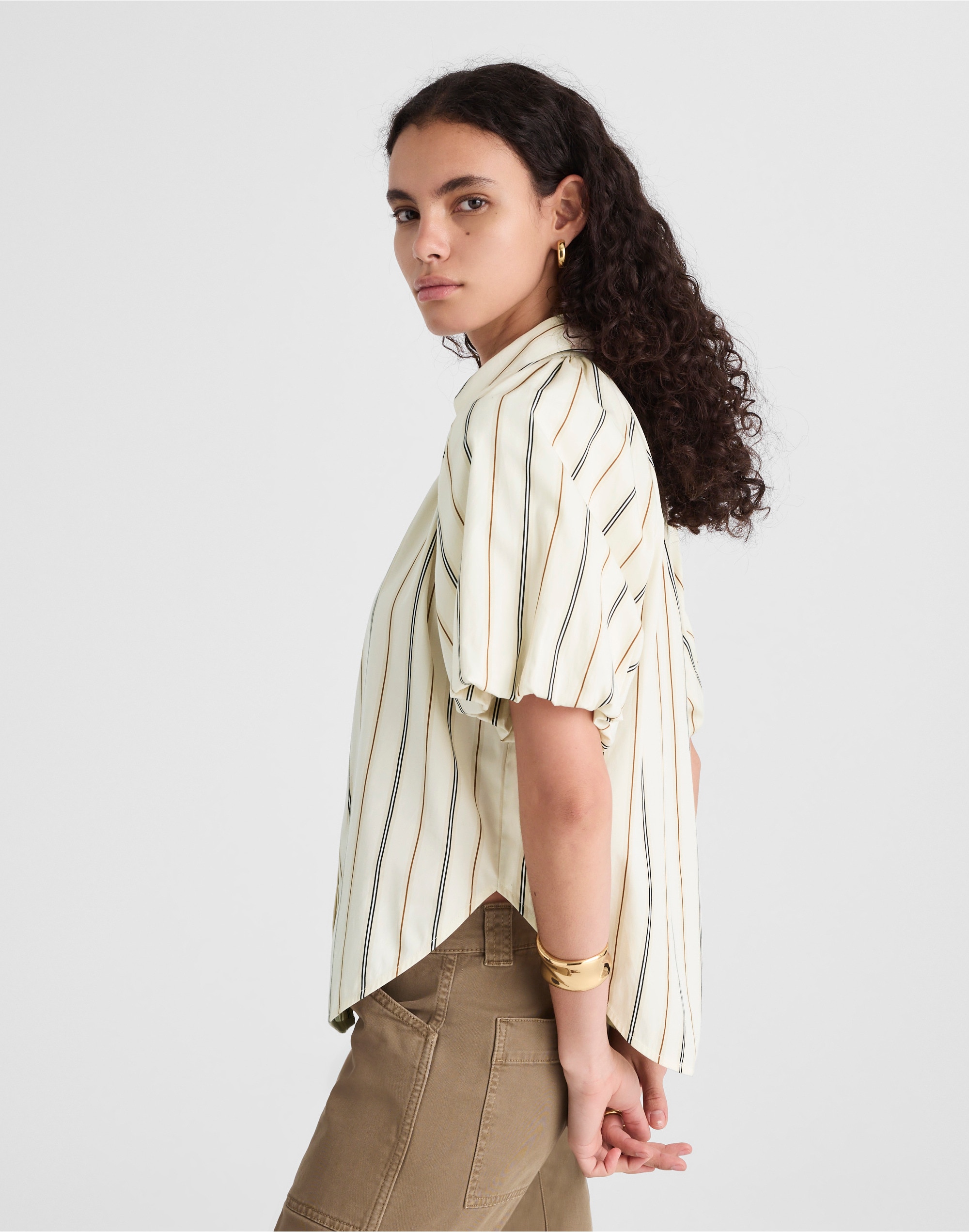 Shirred Bubble-Sleeve Button-Up Shirt in Poplin