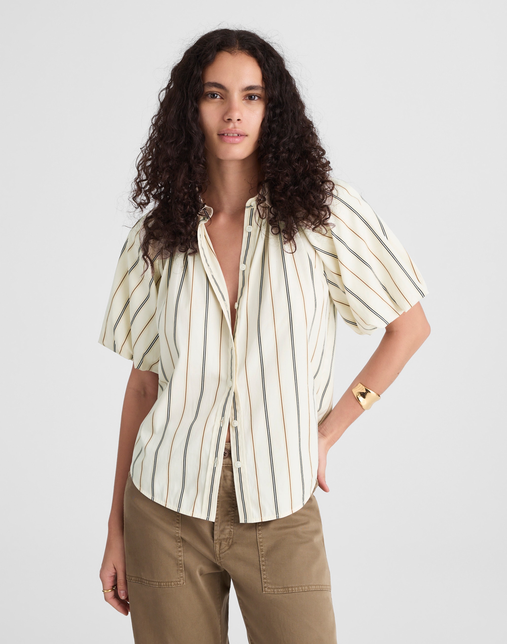 Shirred Bubble-Sleeve Button-Up Shirt in Poplin