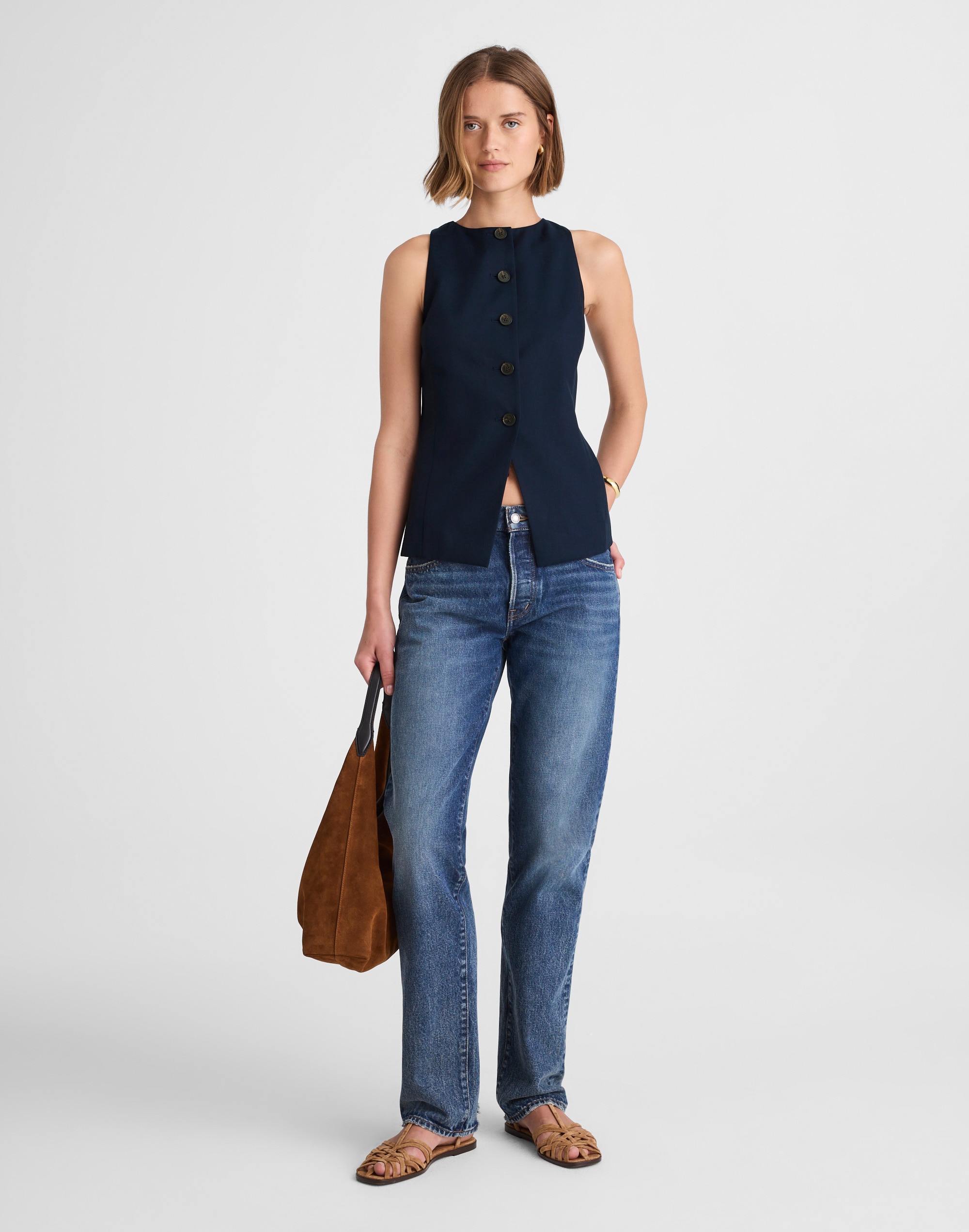 Crewneck Cutaway Vest in Drapey Twill