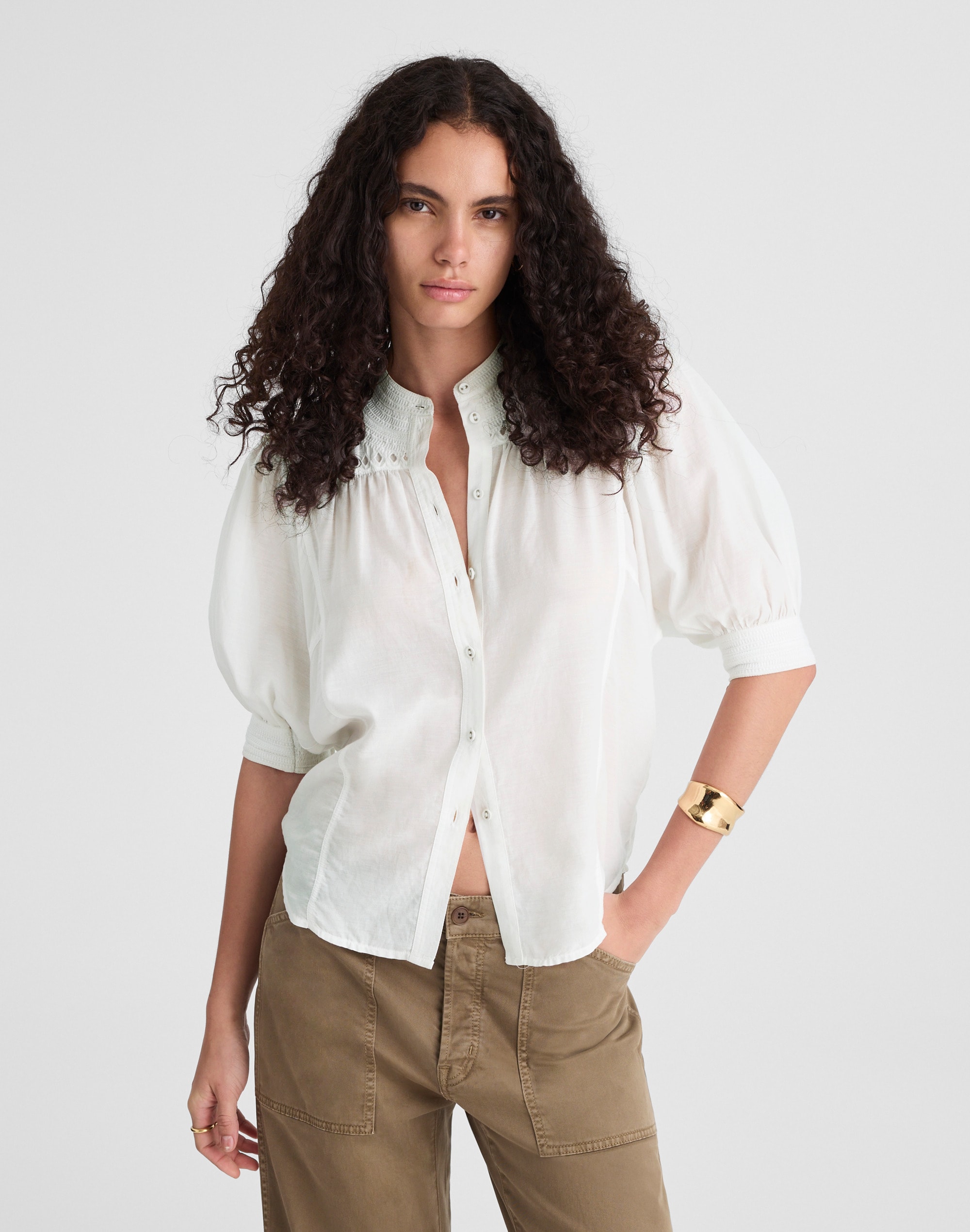 Puff-Sleeve Band-Collar Shirt