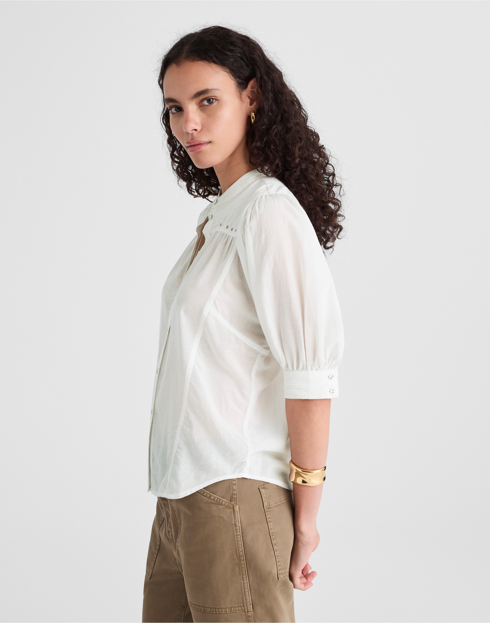 Puff-Sleeve Band-Collar Shirt