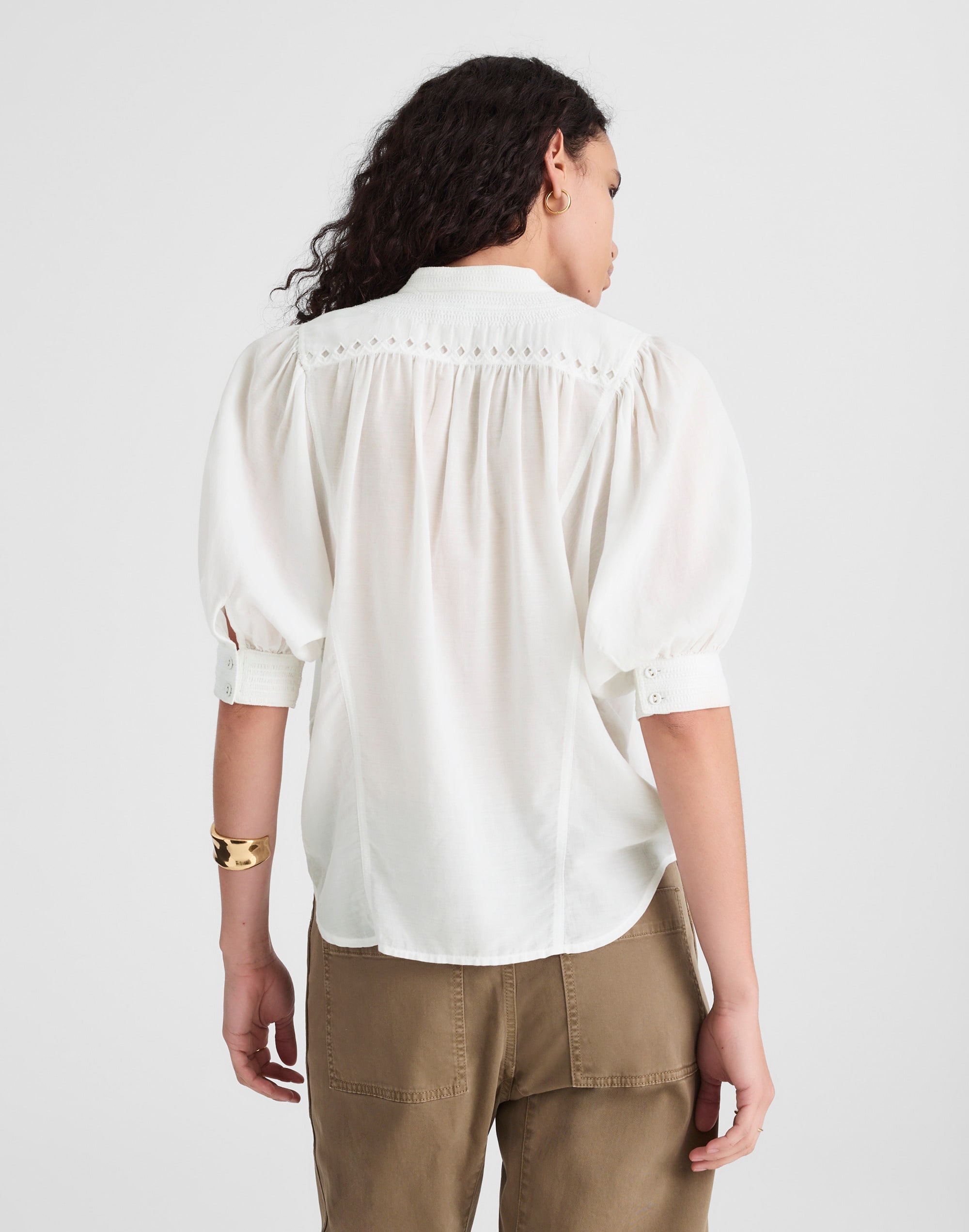 Puff-Sleeve Band-Collar Shirt