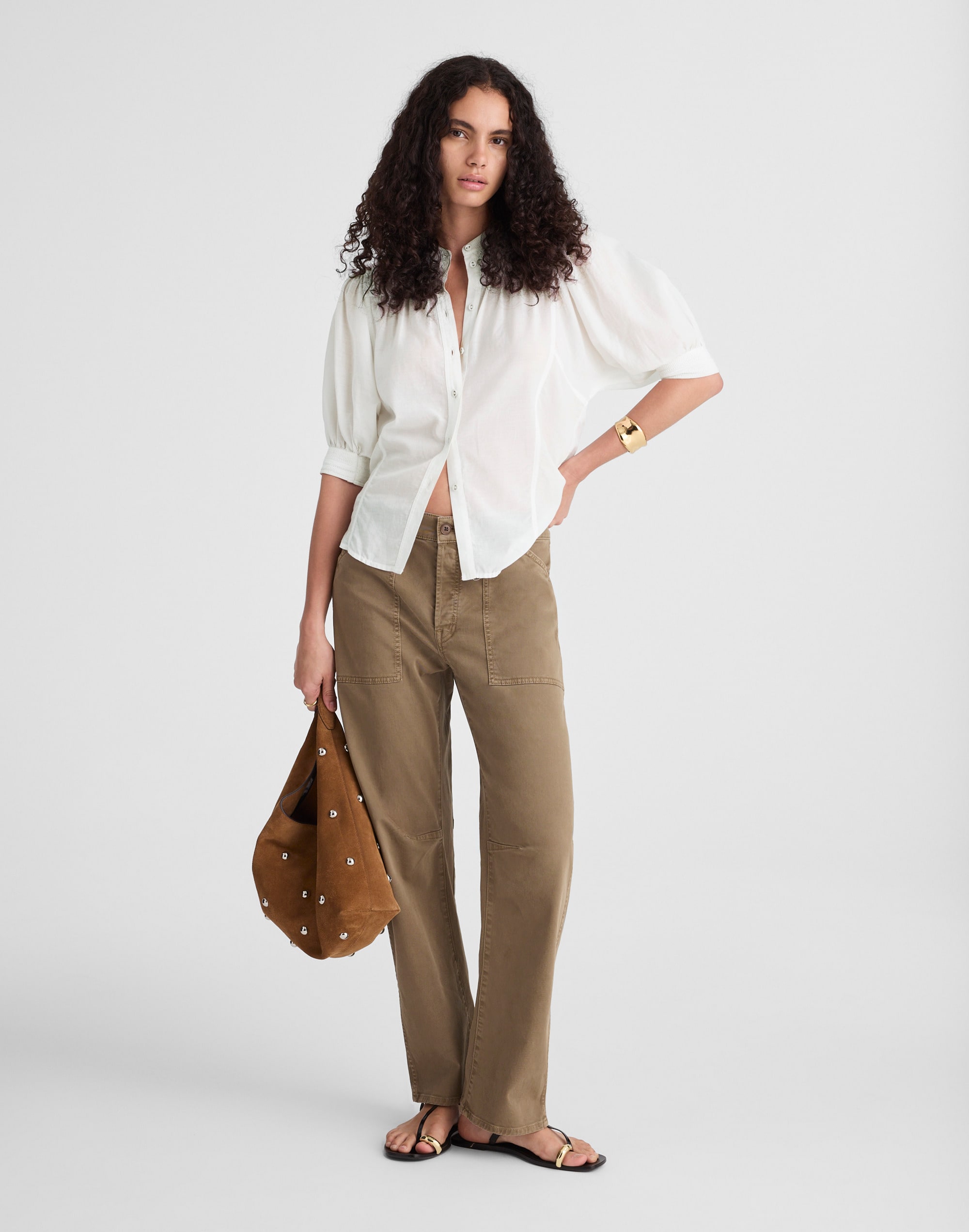 Puff-Sleeve Band-Collar Shirt