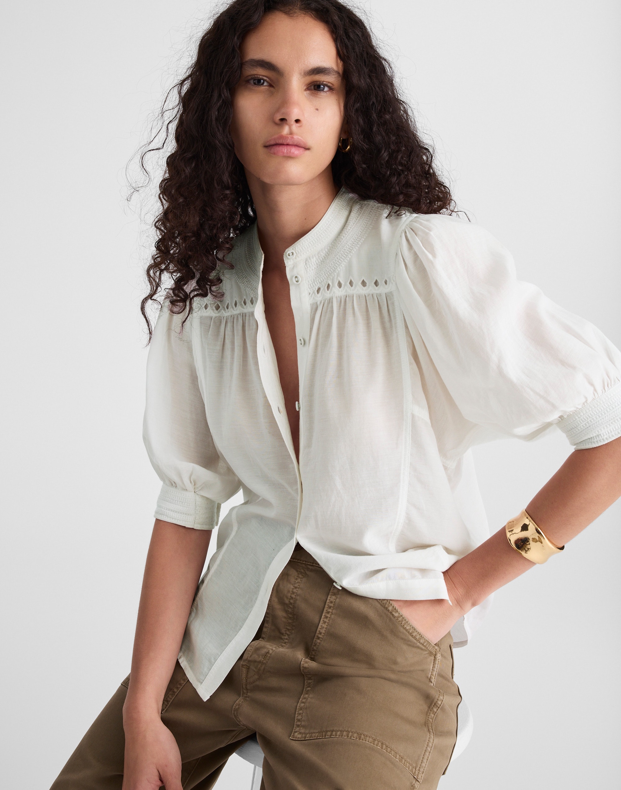 embroidered puff-sleeve band-collar shirt