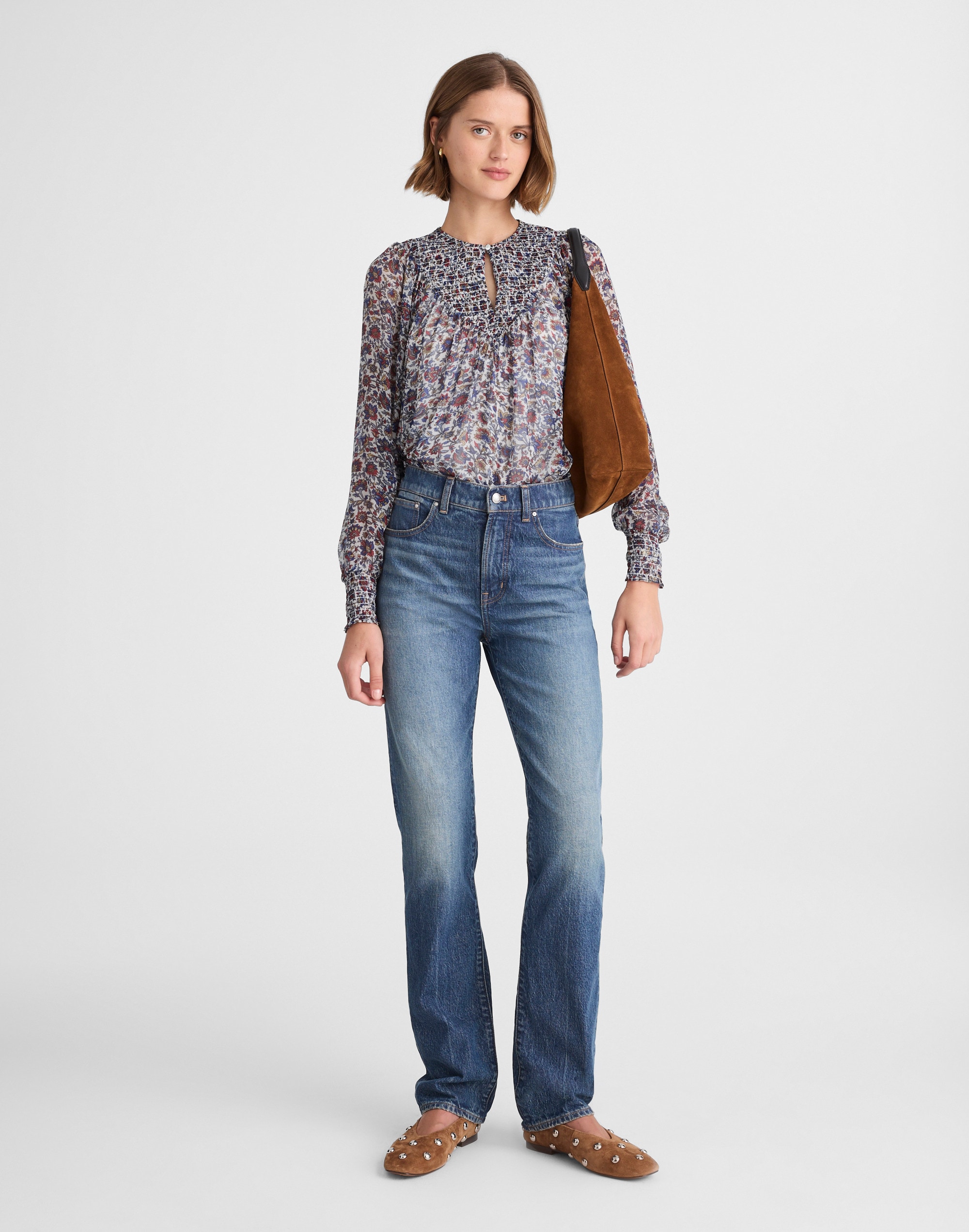 Smocked Split Crewneck Top