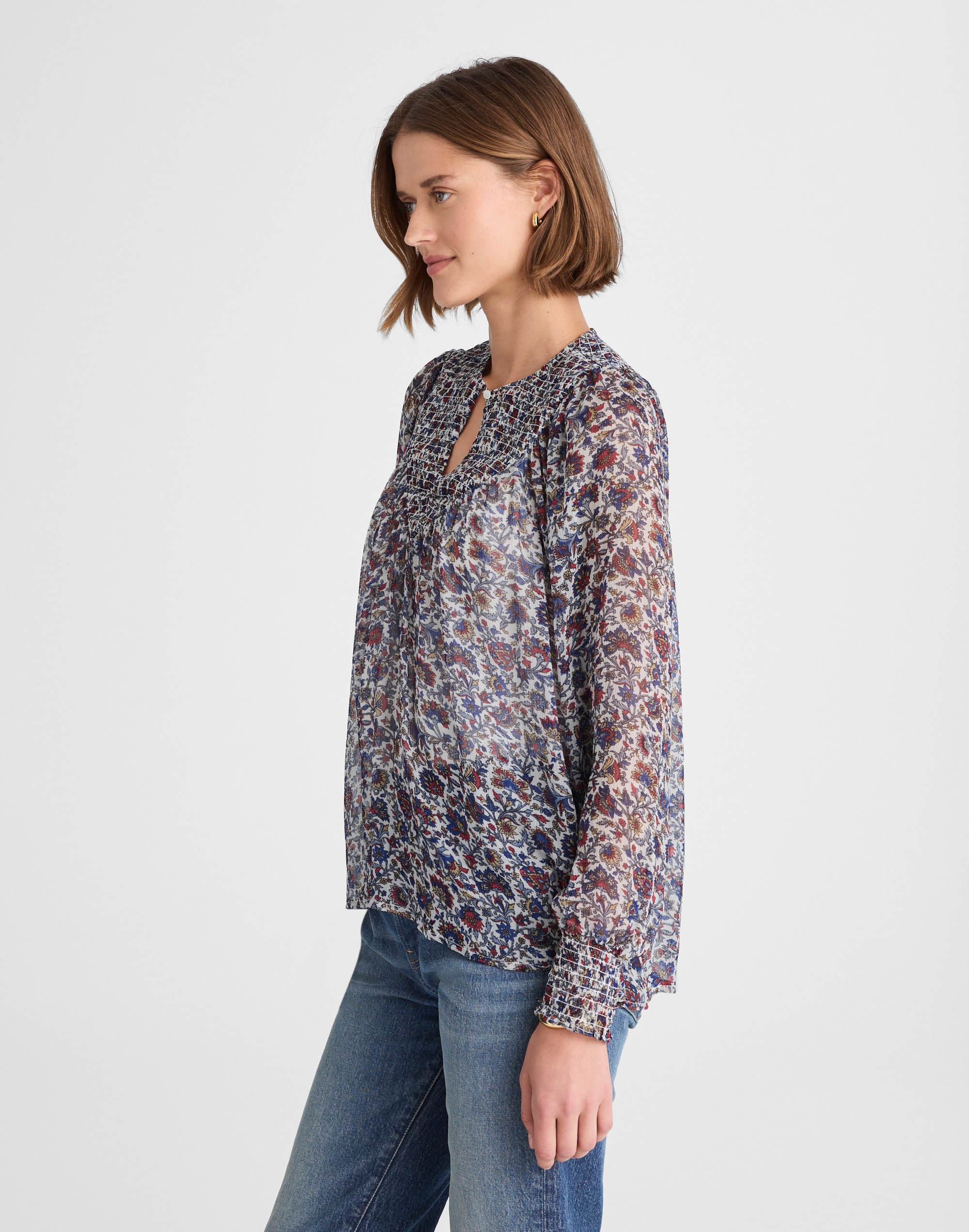 Smocked Split Crewneck Top