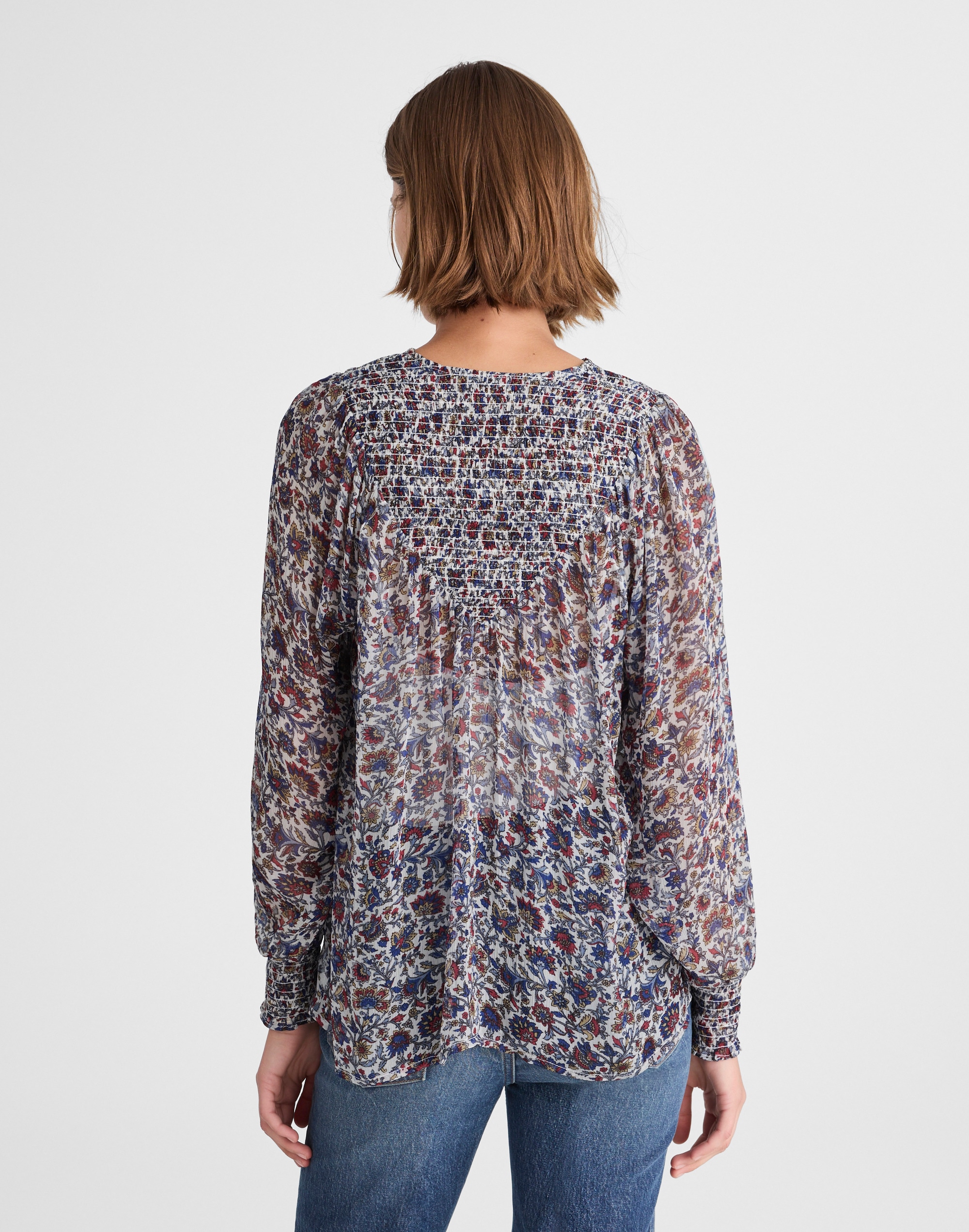 Smocked Split Crewneck Top