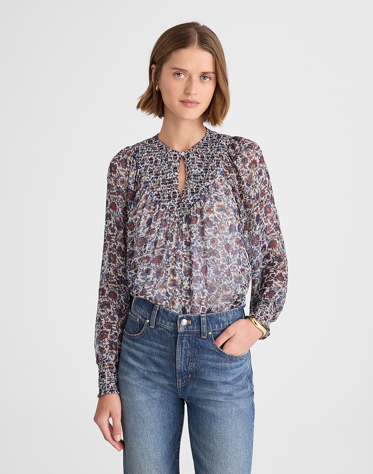 Smocked Split Crewneck Top