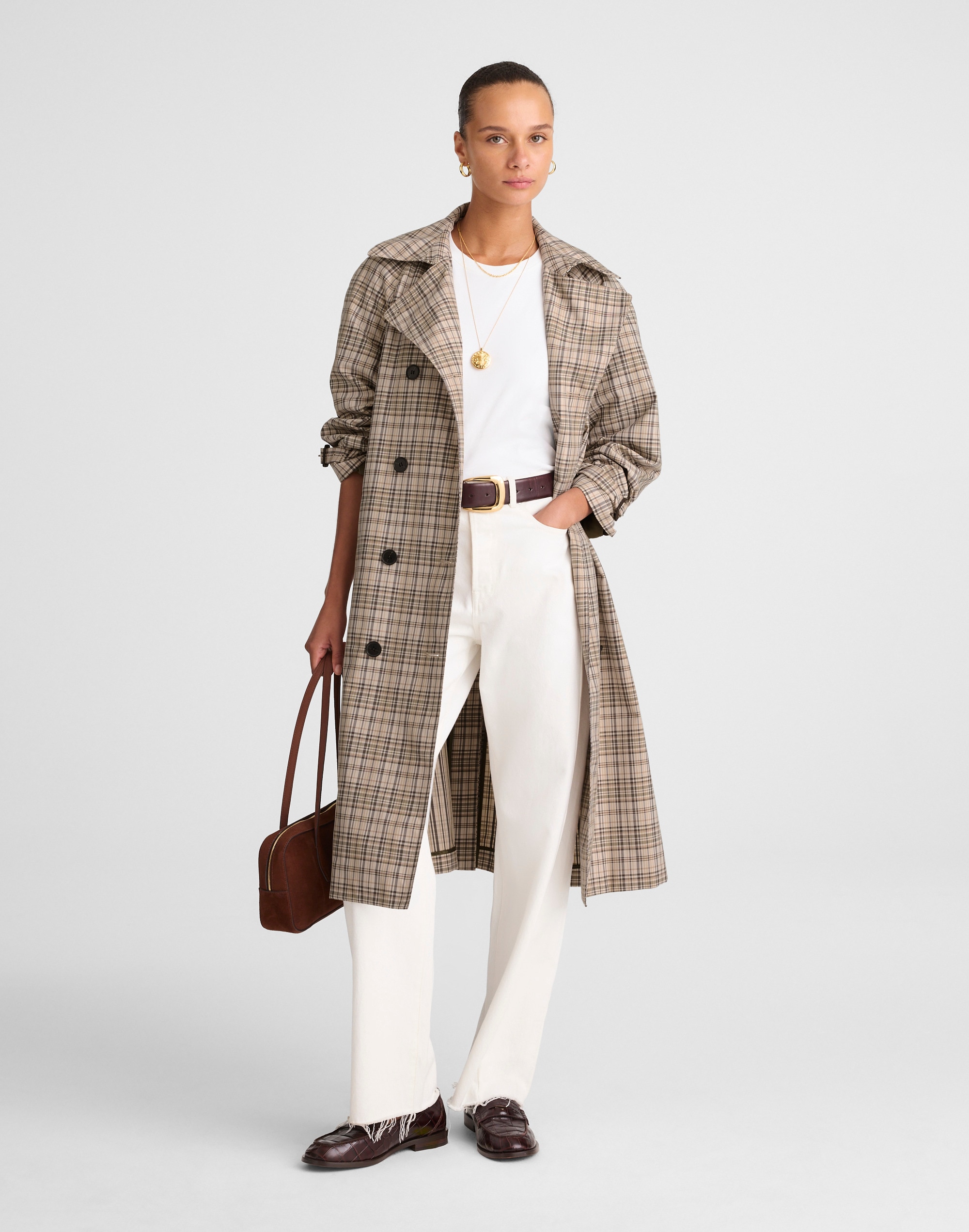 double-breasted trench coat in plaid