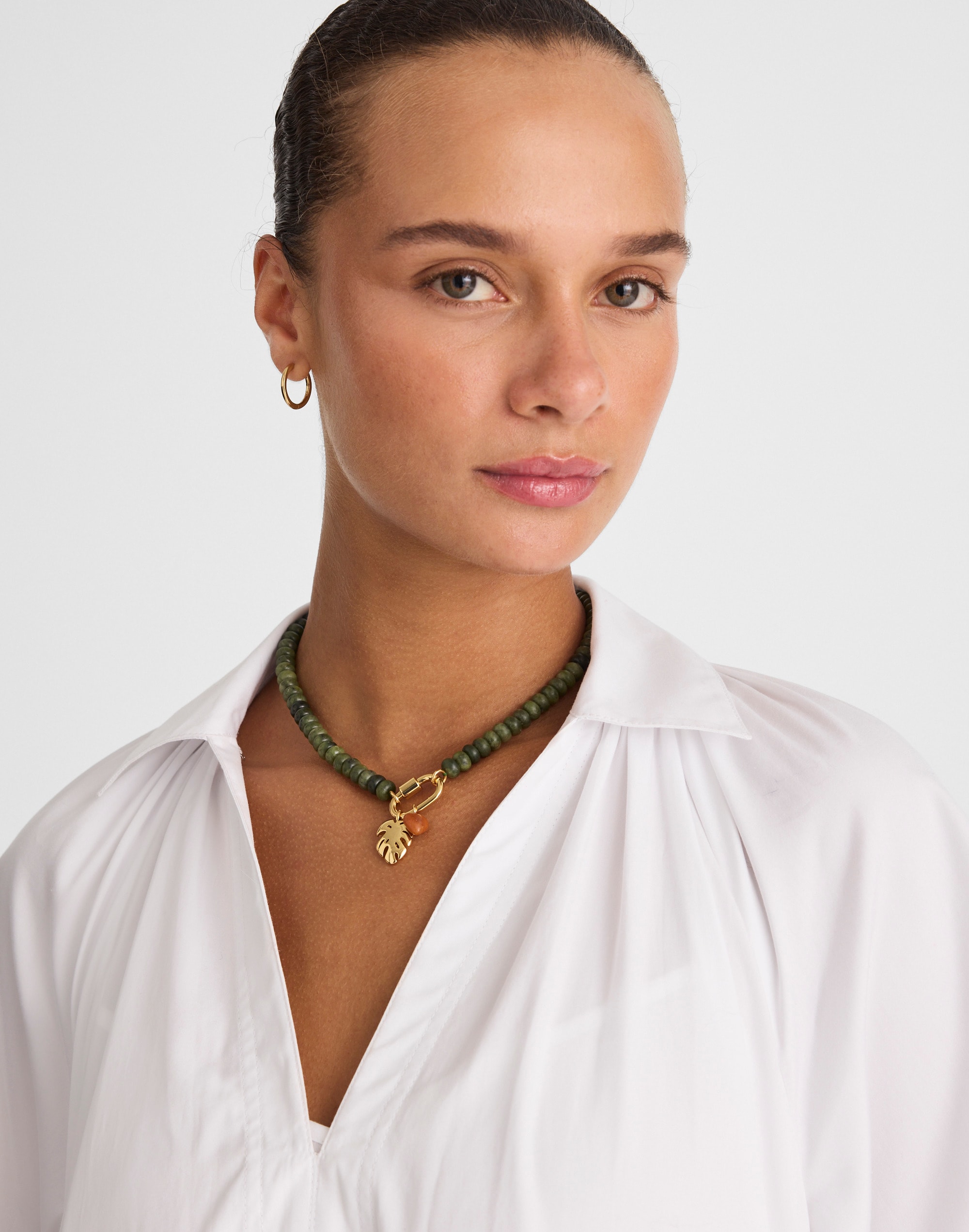 Semiprecious Beaded Monstera Charm Necklace
