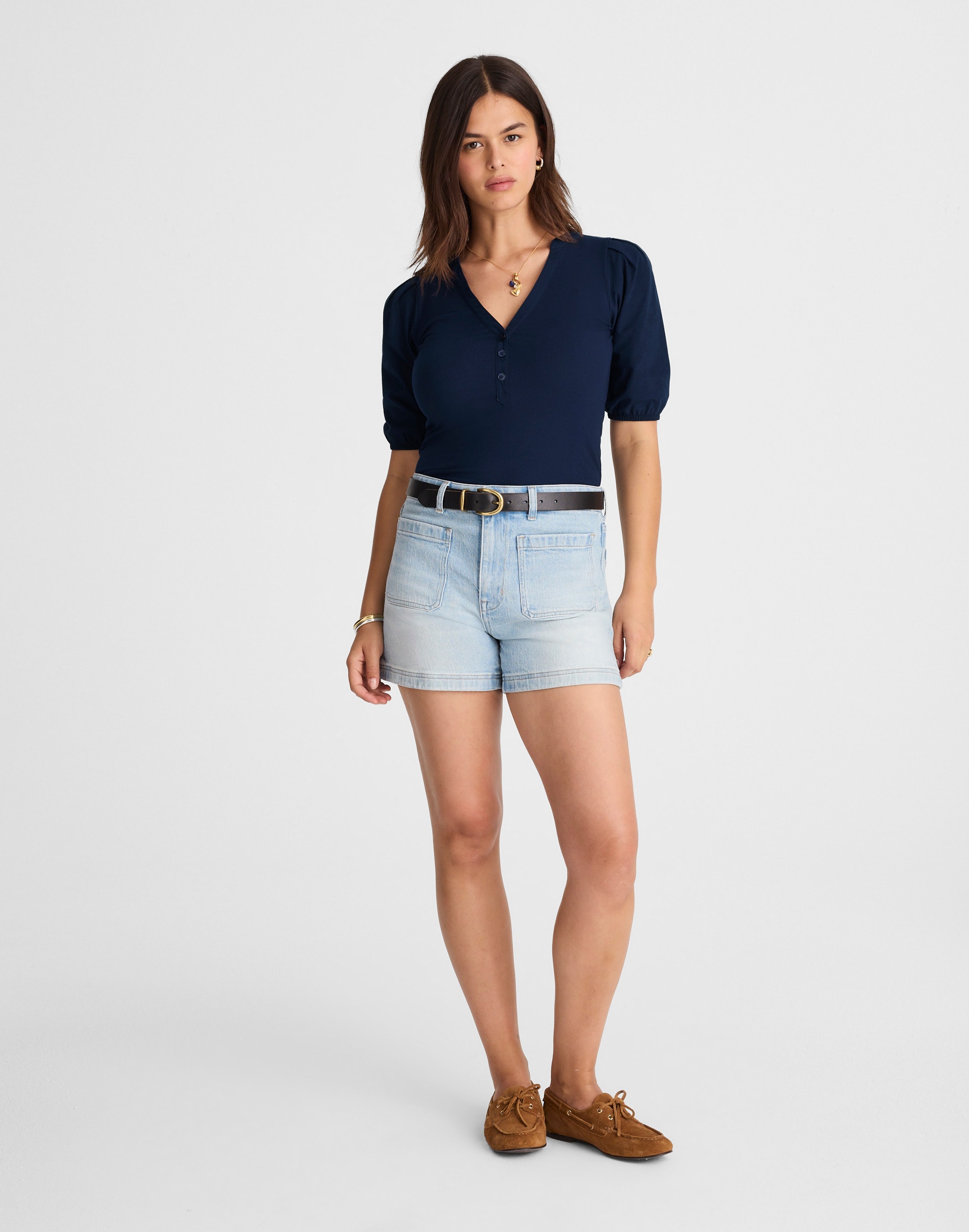 Puff-Sleeve Henley Knit Top