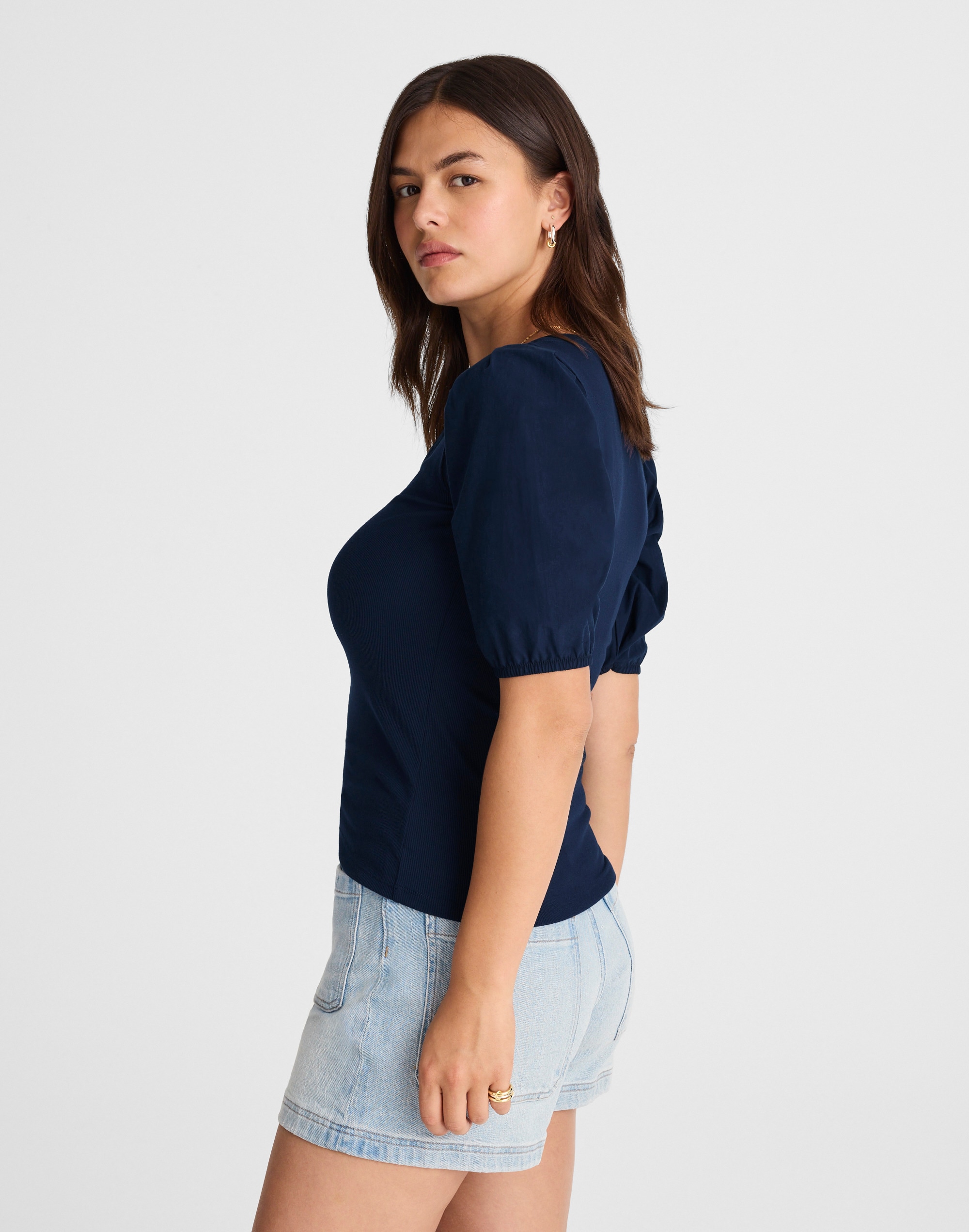 Puff-Sleeve Henley Knit Top