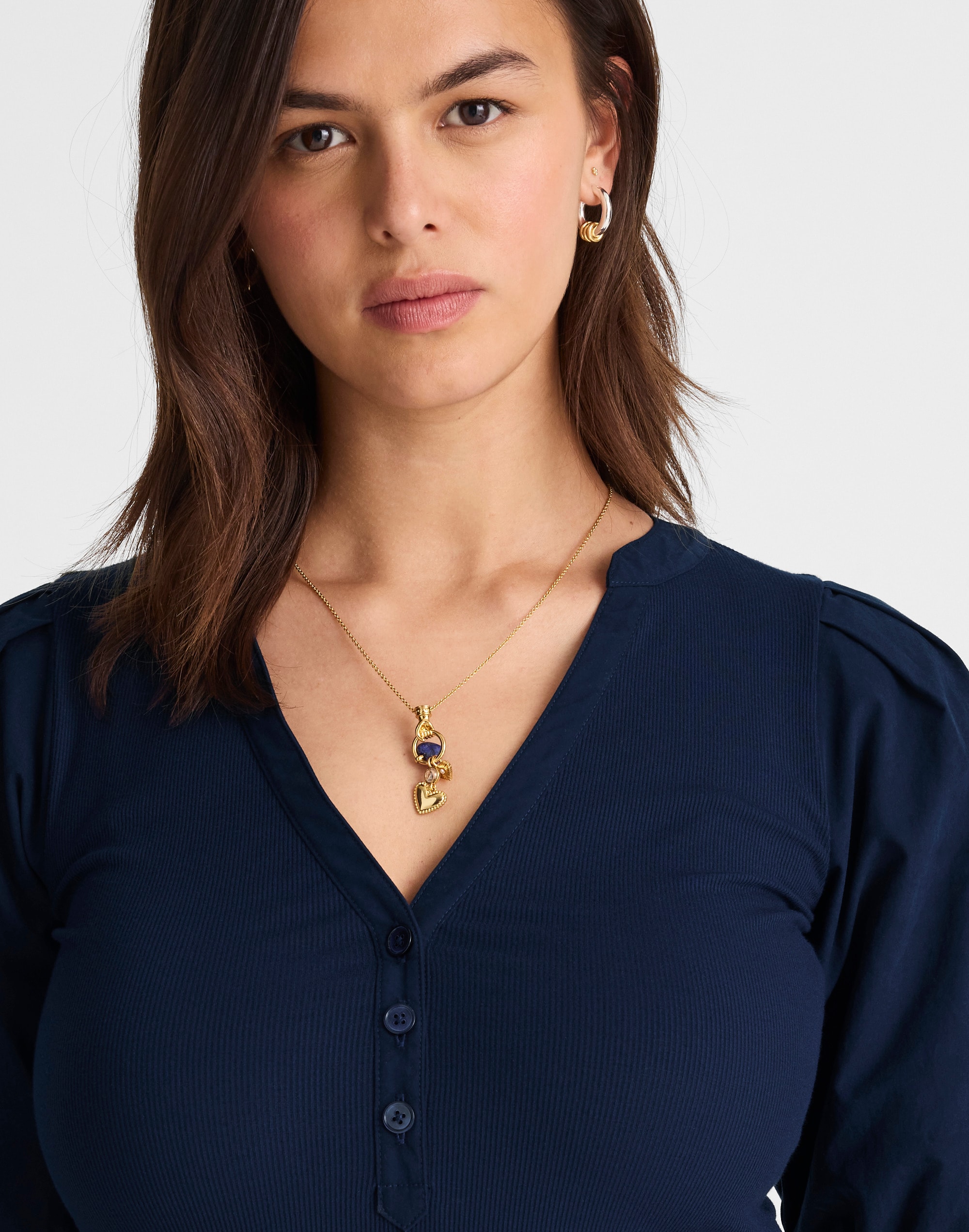 Puff-Sleeve Henley Knit Top