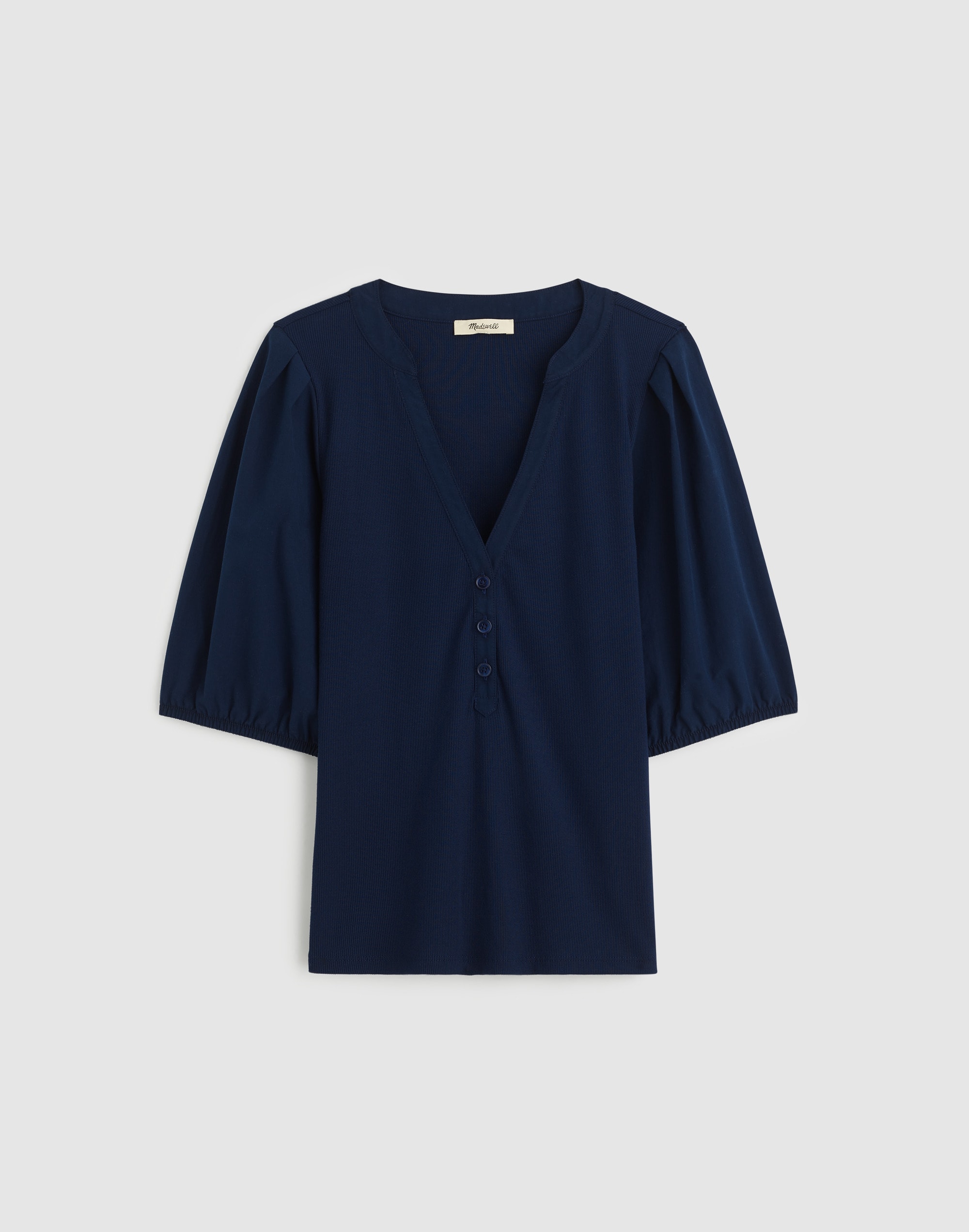 Puff-Sleeve Henley Knit Top