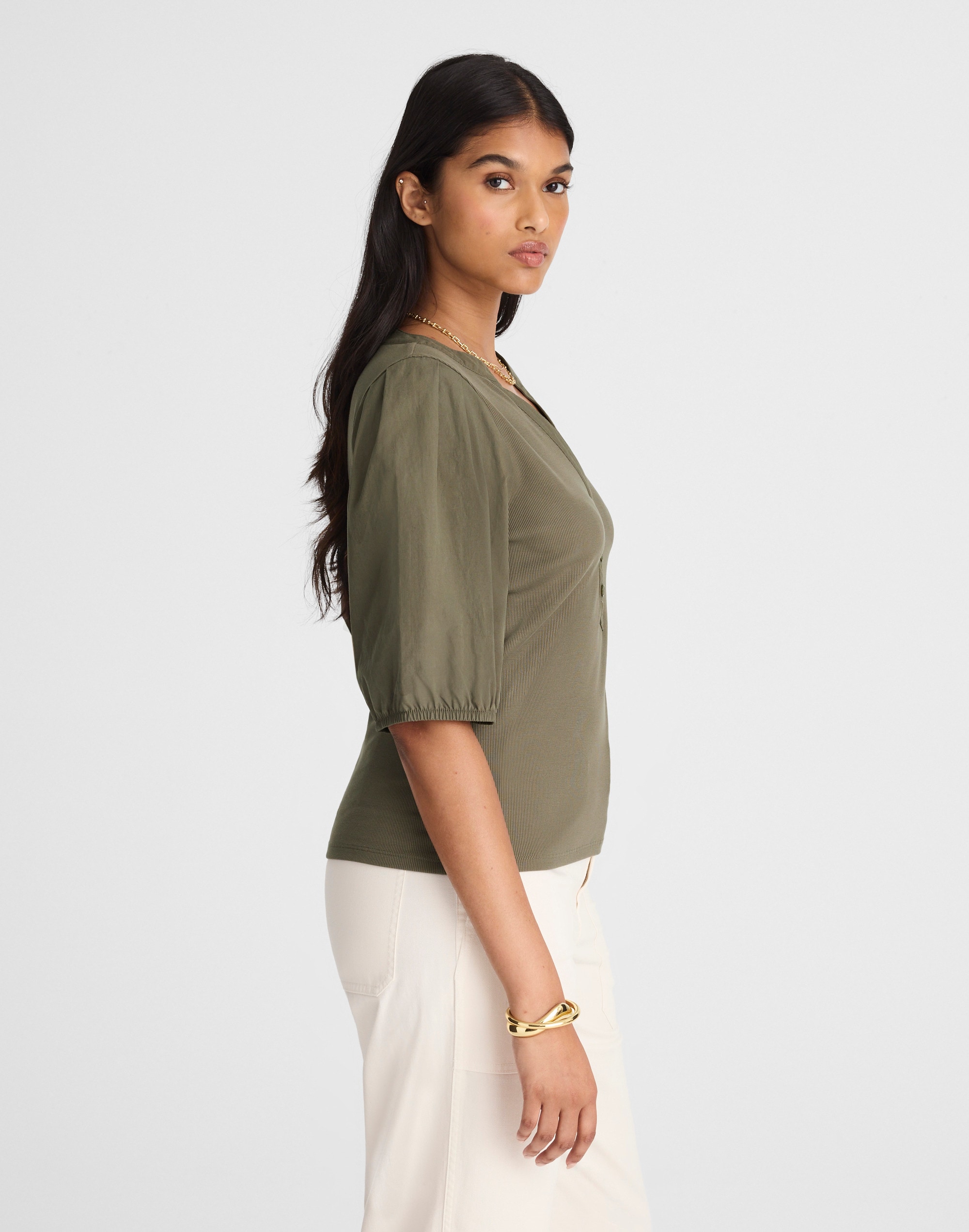 Puff-Sleeve Henley Knit Top