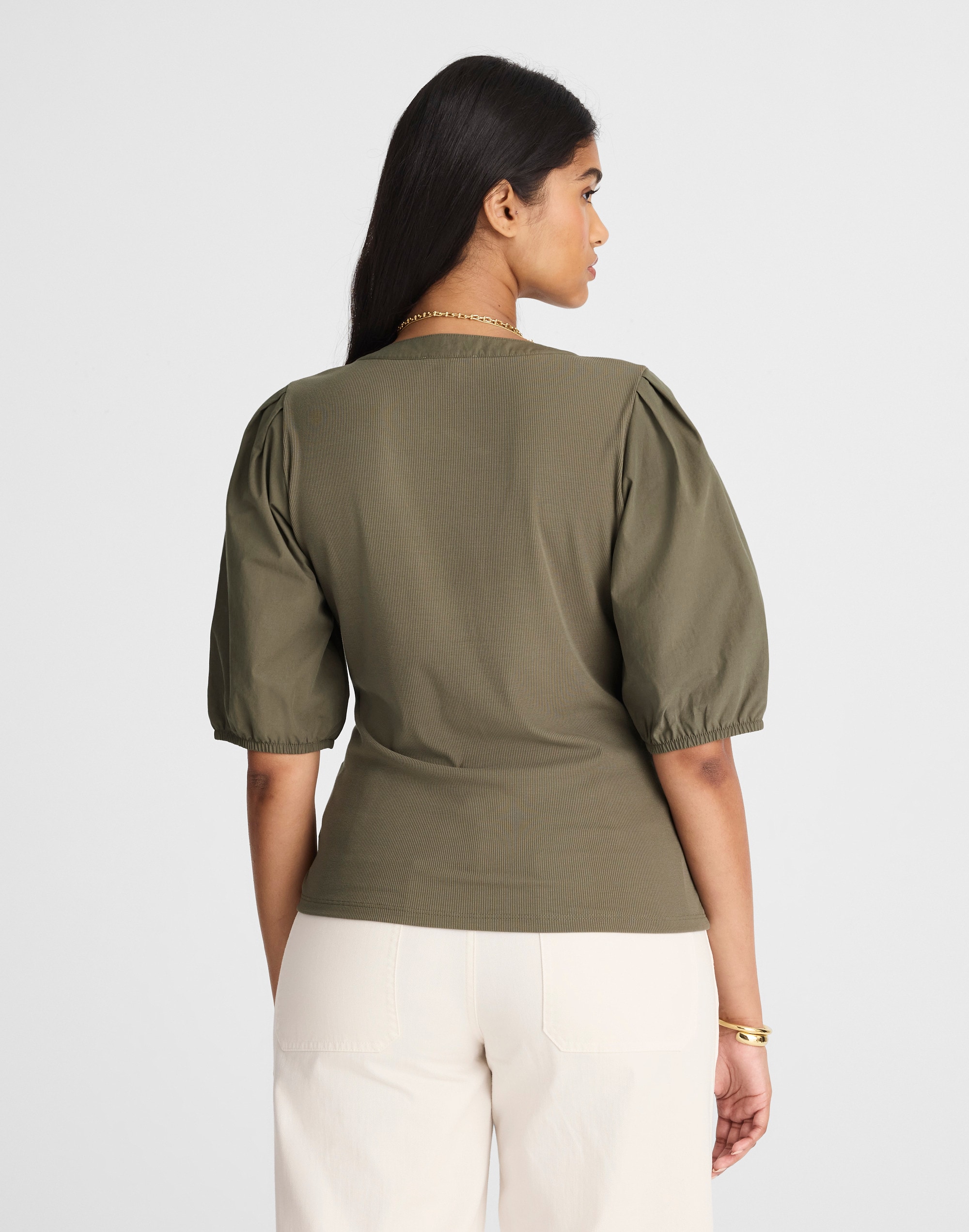 Puff-Sleeve Henley Knit Top