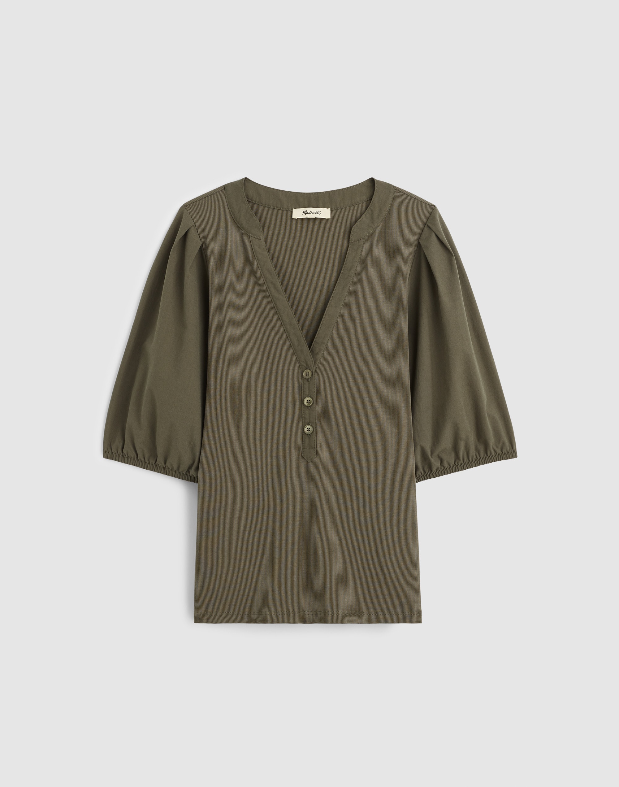 Puff-Sleeve Henley Knit Top