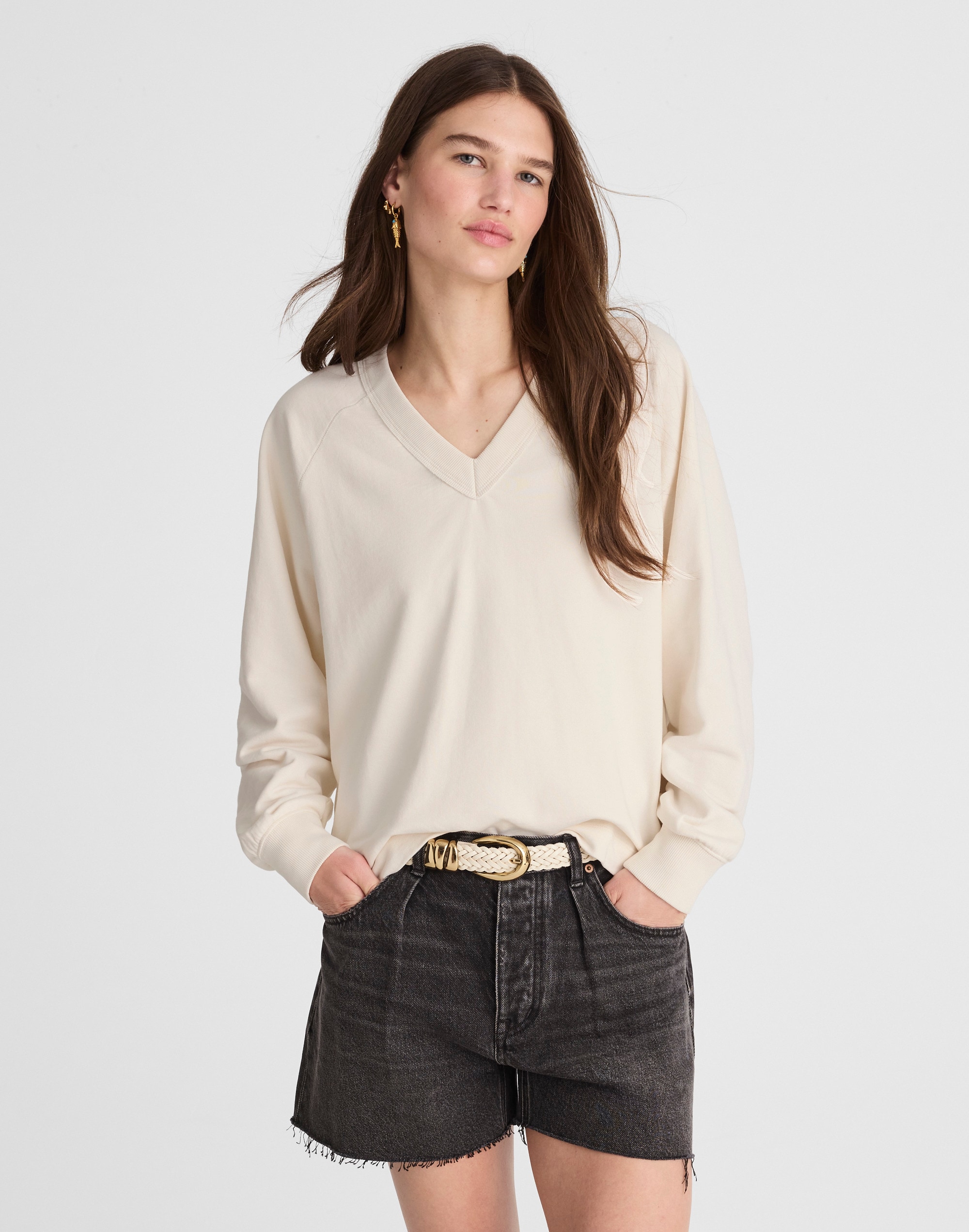 Cotton Terry V-Neck Sweatshirt