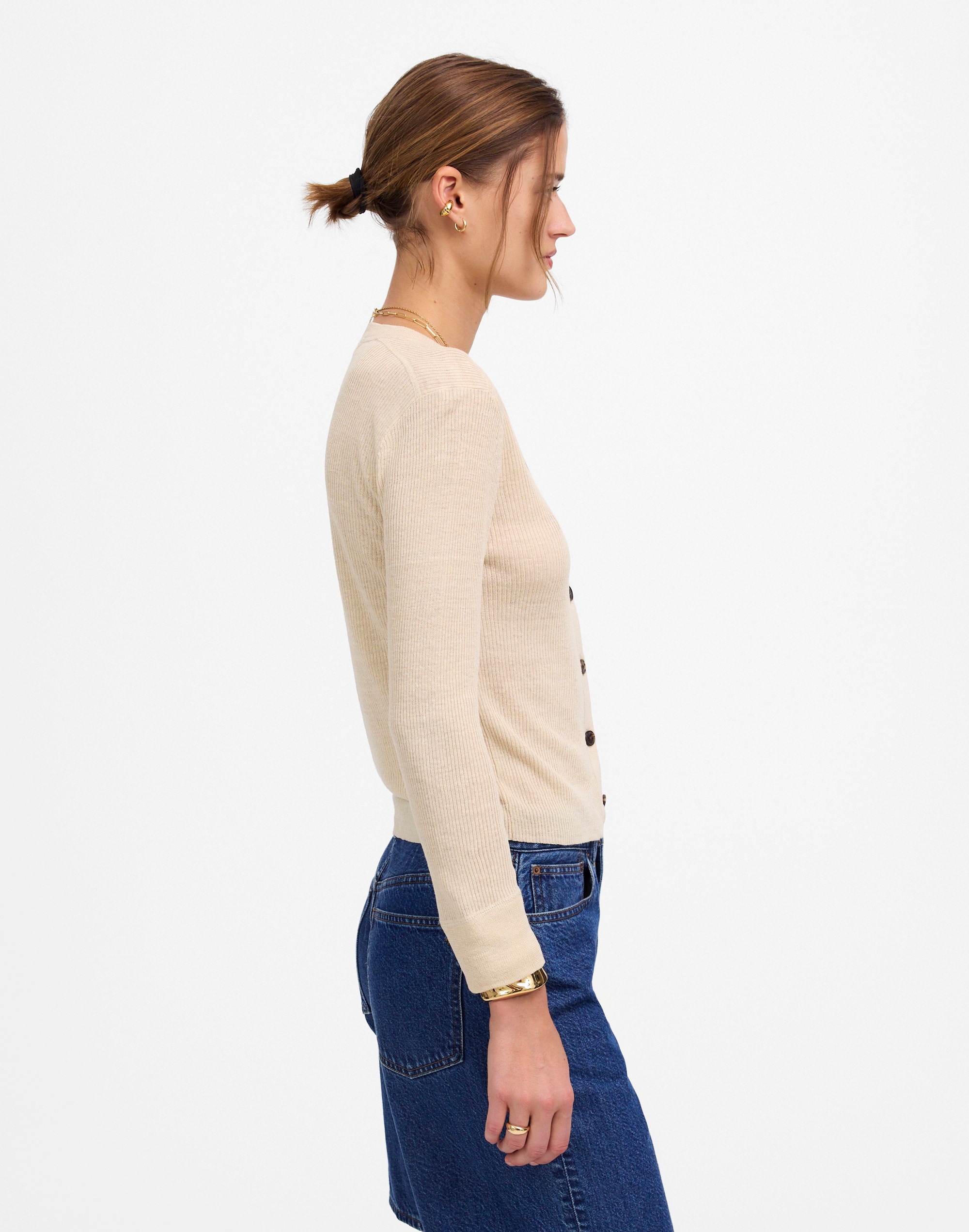 Linen-Blend Crewneck Cardigan