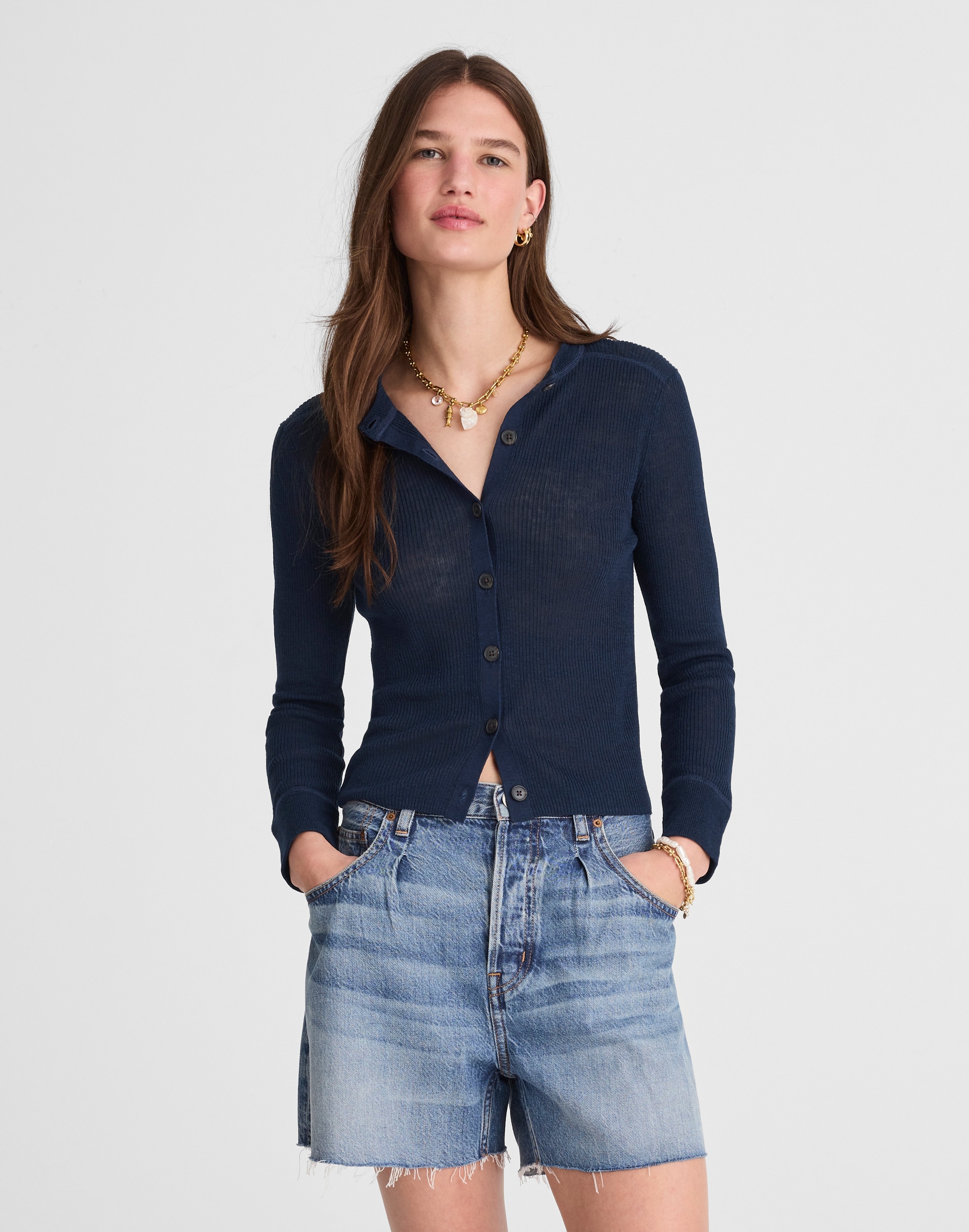 Linen-Blend Crewneck Cardigan