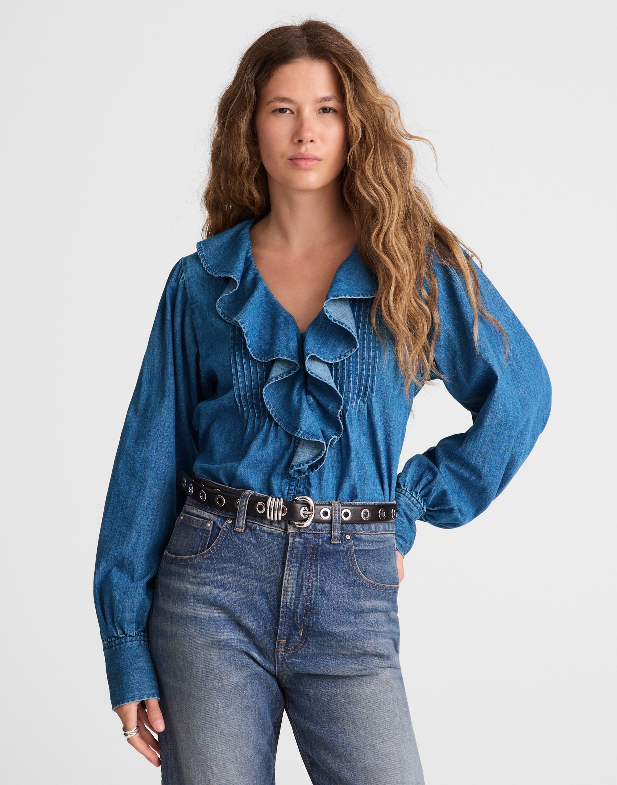 Denim Ruffled Pintuck Top