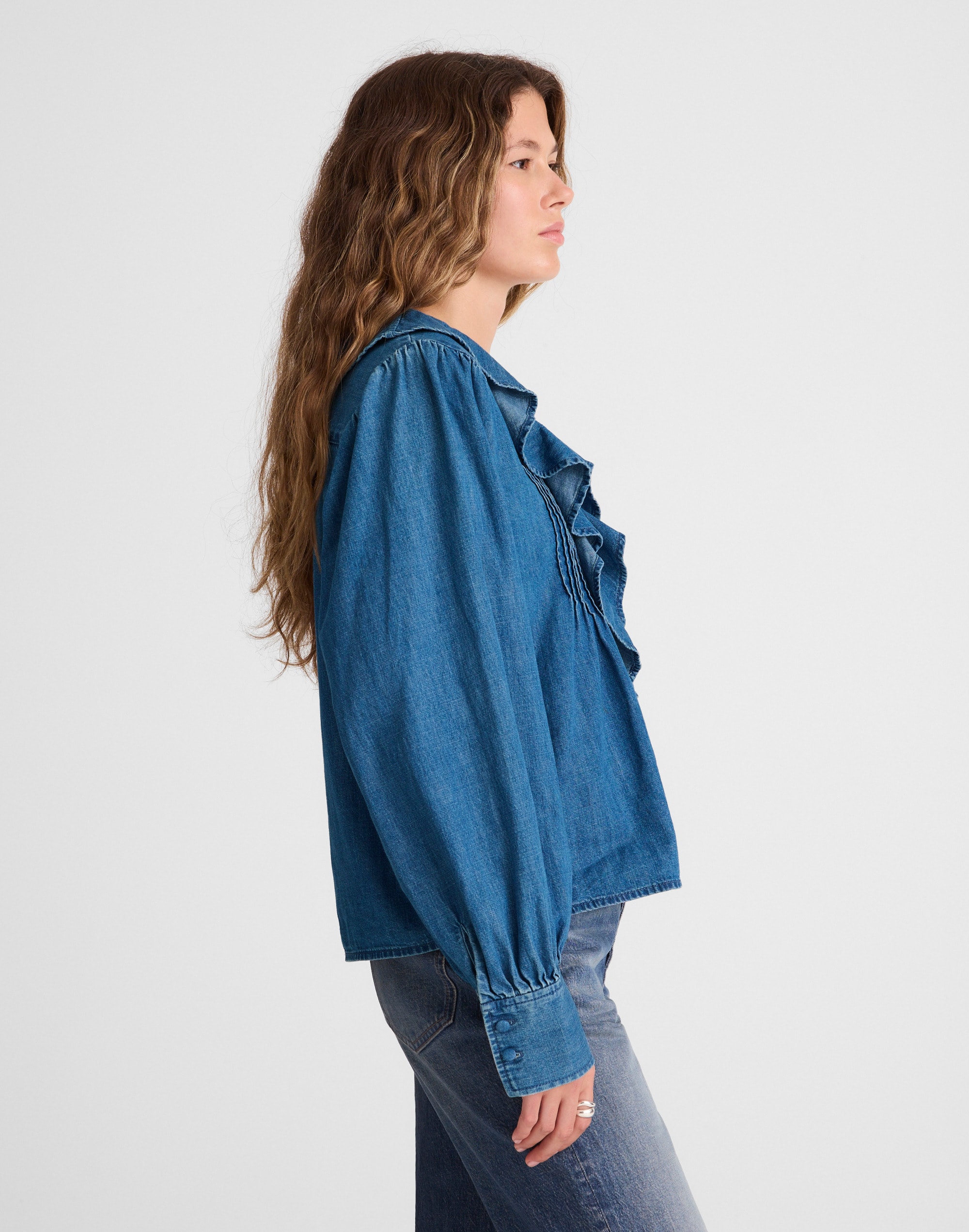 Denim Ruffled Pintuck Top
