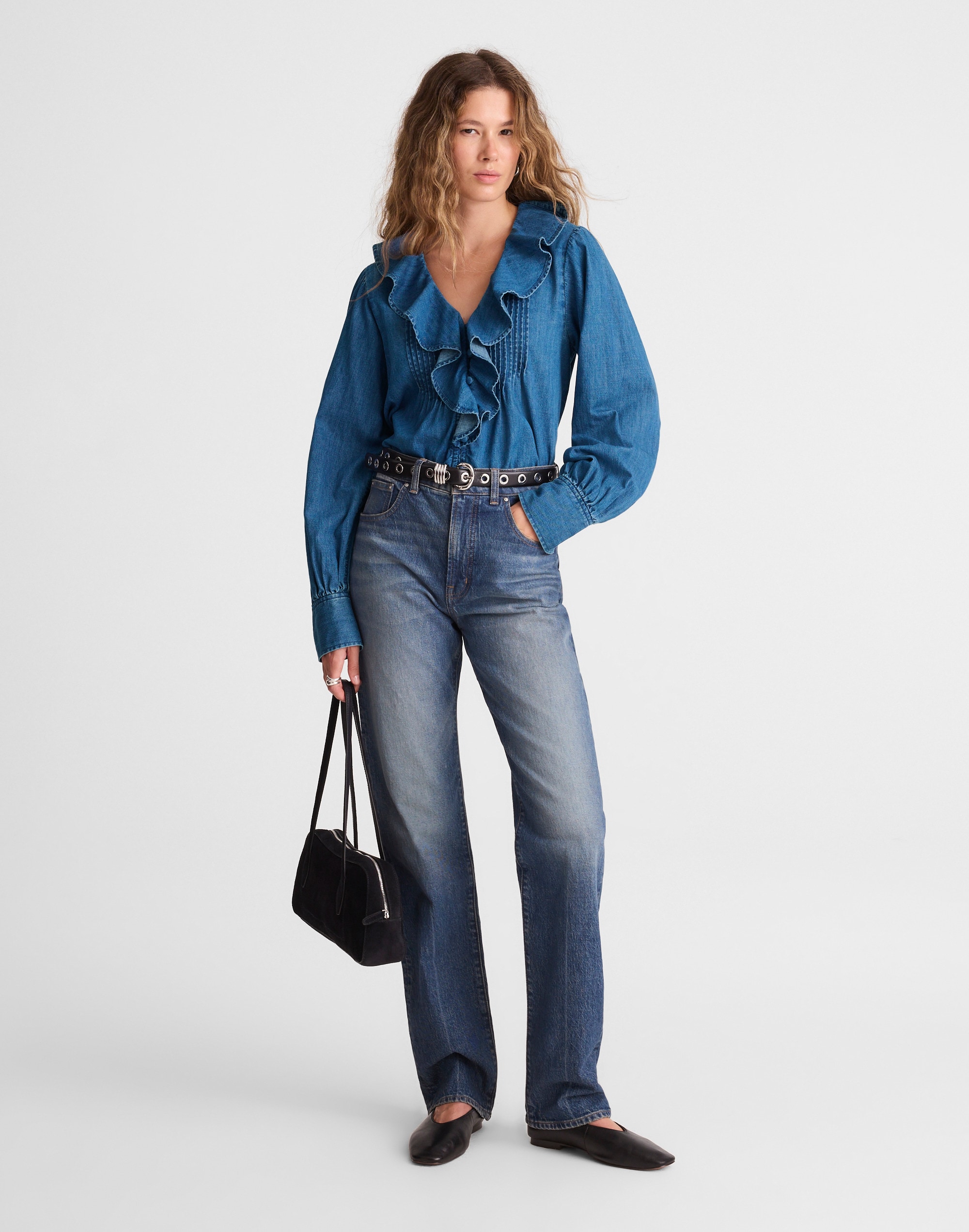 Denim Ruffled Pintuck Top